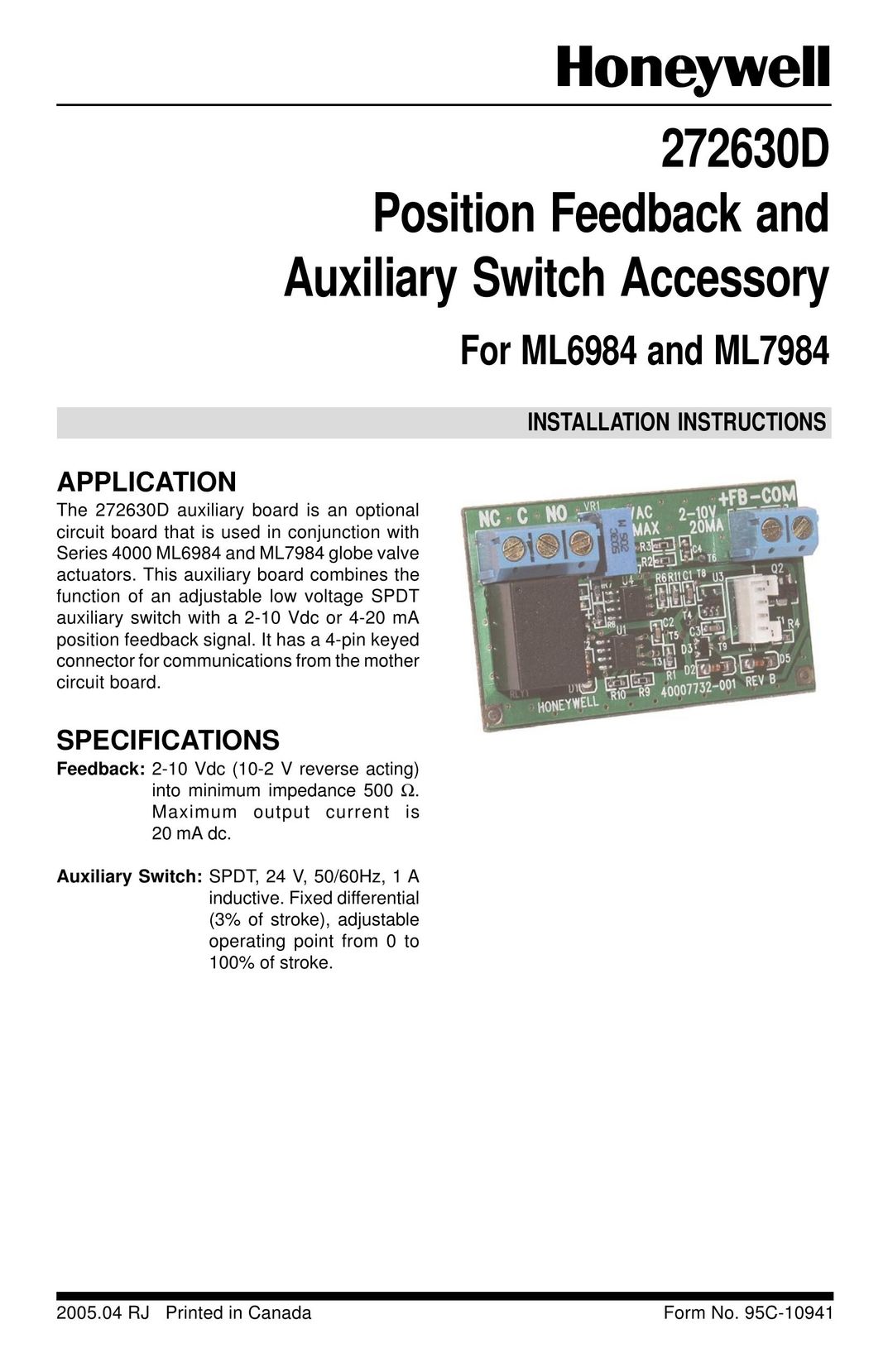 Honeywell 272630D Switch User Manual