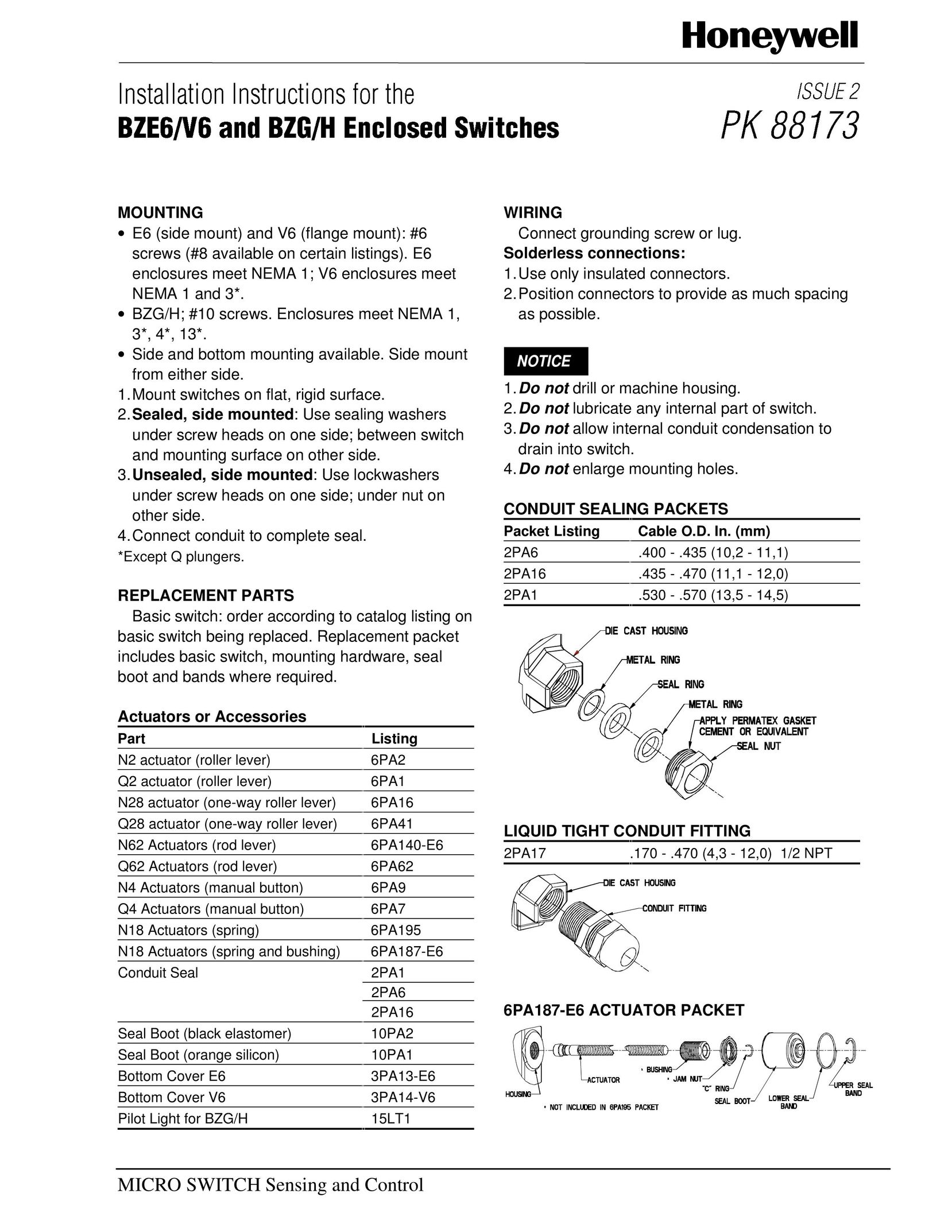 Honeywell BZG/H Switch User Manual