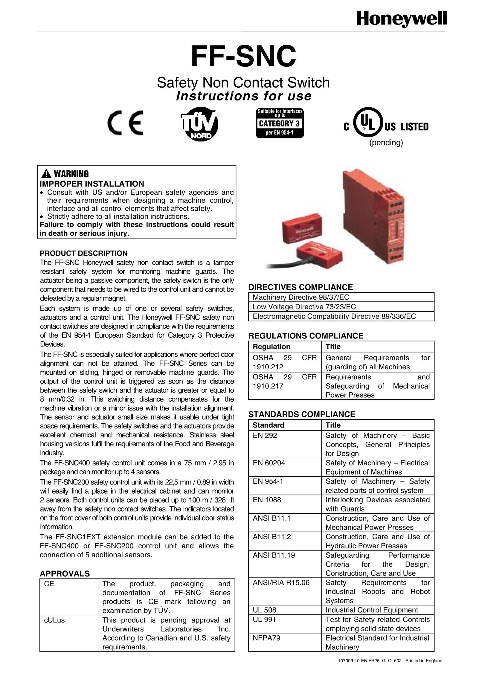 Honeywell FF-SNC Switch User Manual