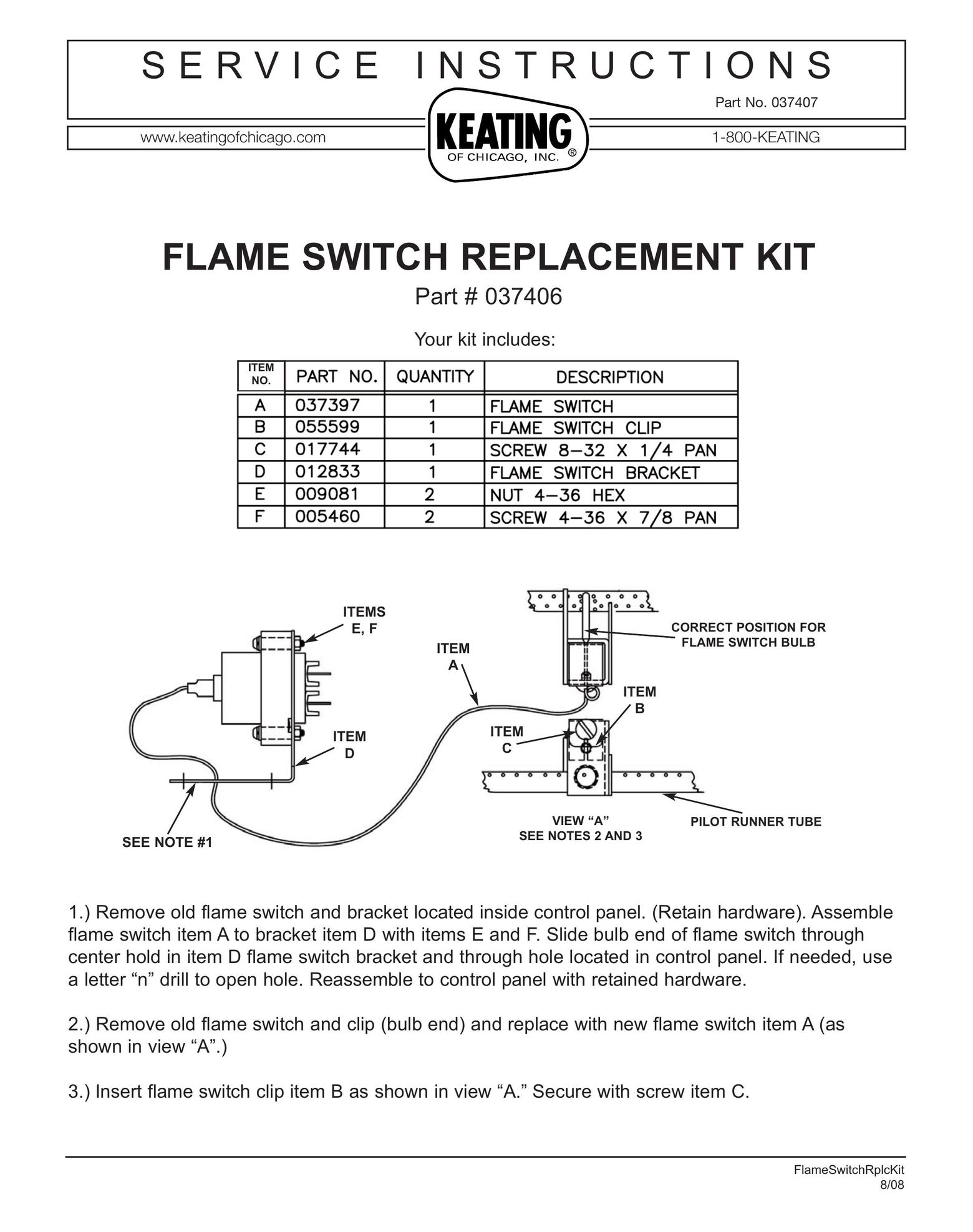 Keating Of Chicago Flame Switch Switch User Manual