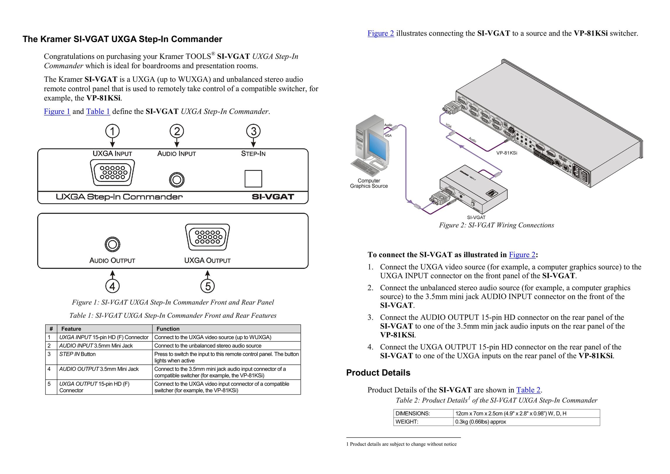 Kramer Electronics SI-VGAT UXGA Switch User Manual