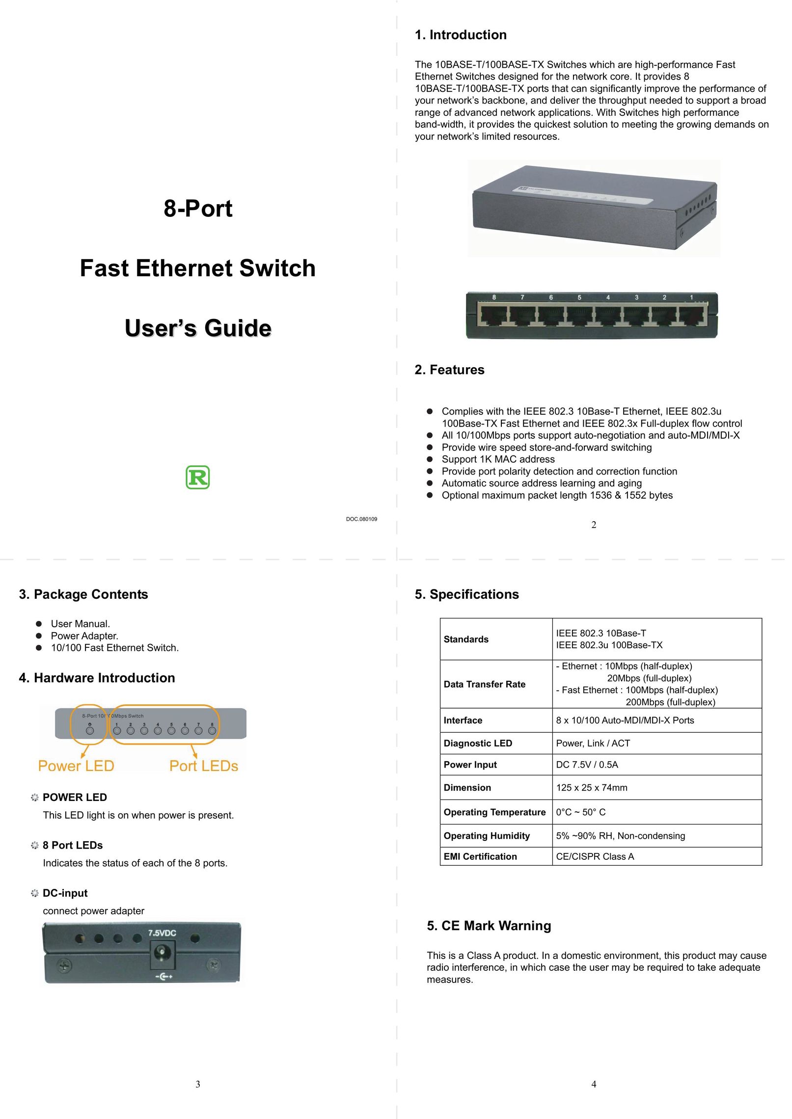 KTI Networks 10BASE-T/100BASE-TX Switch User Manual
