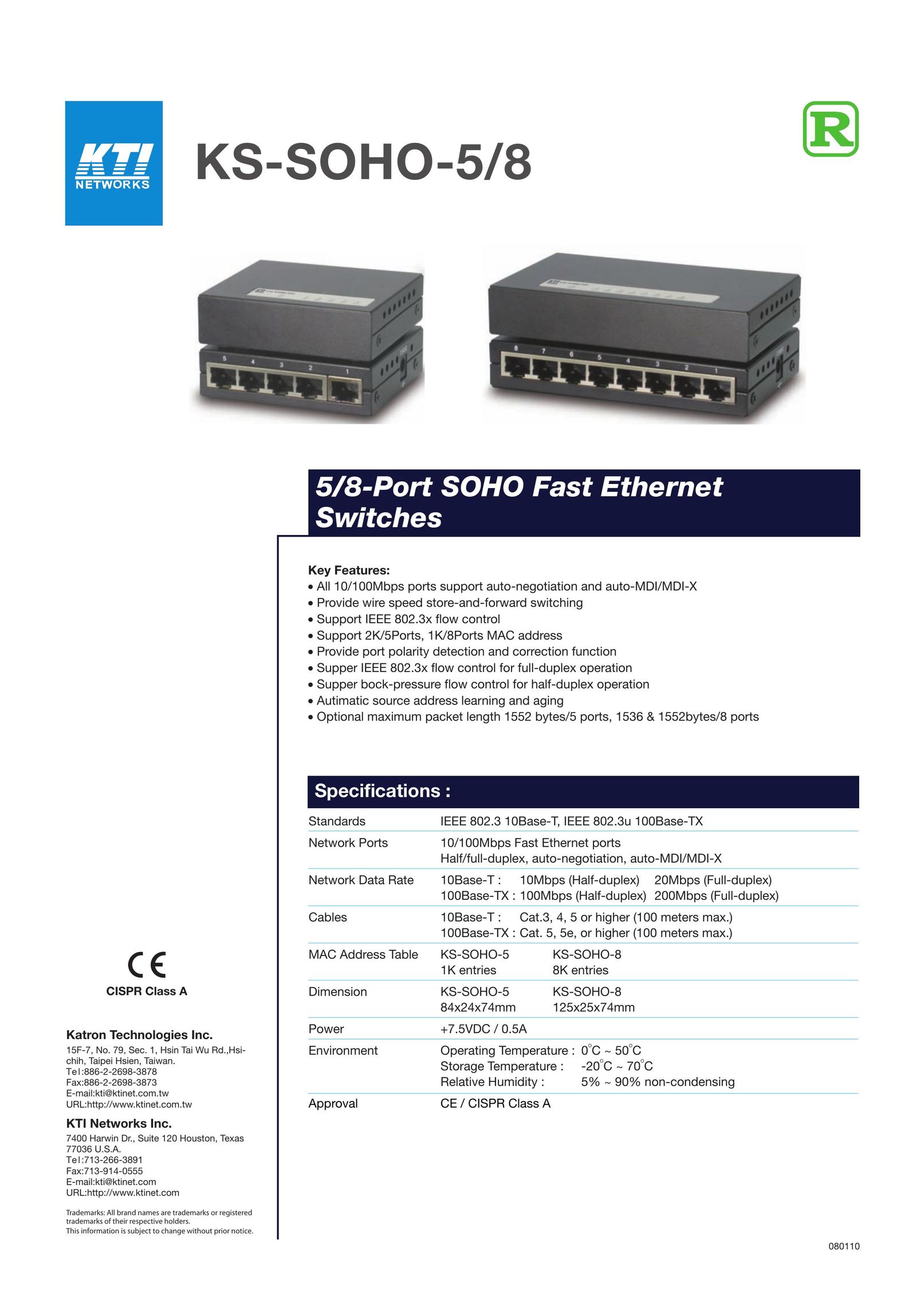 KTI Networks KS-SOHO-5 Switch User Manual