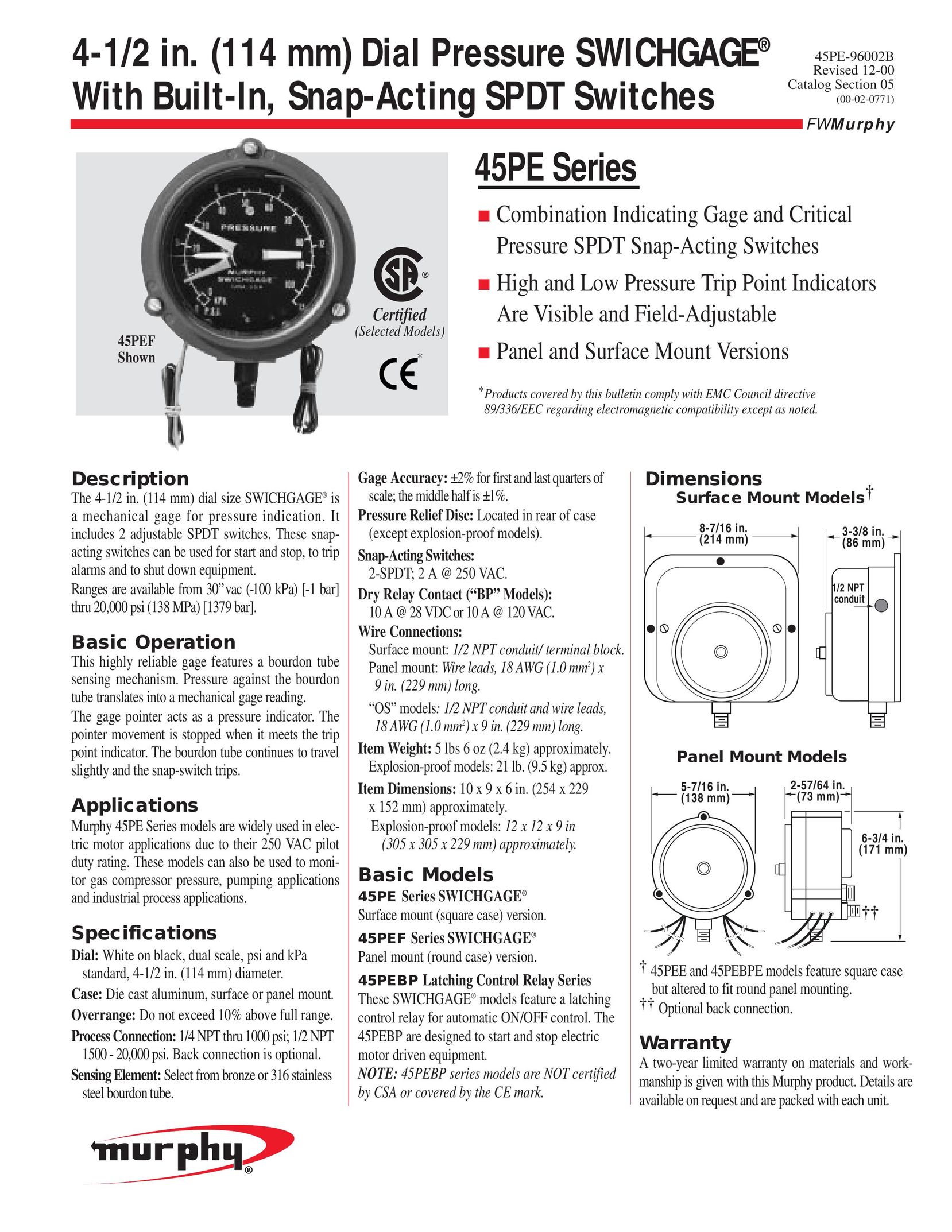 Murphy 45PE Series Switch User Manual