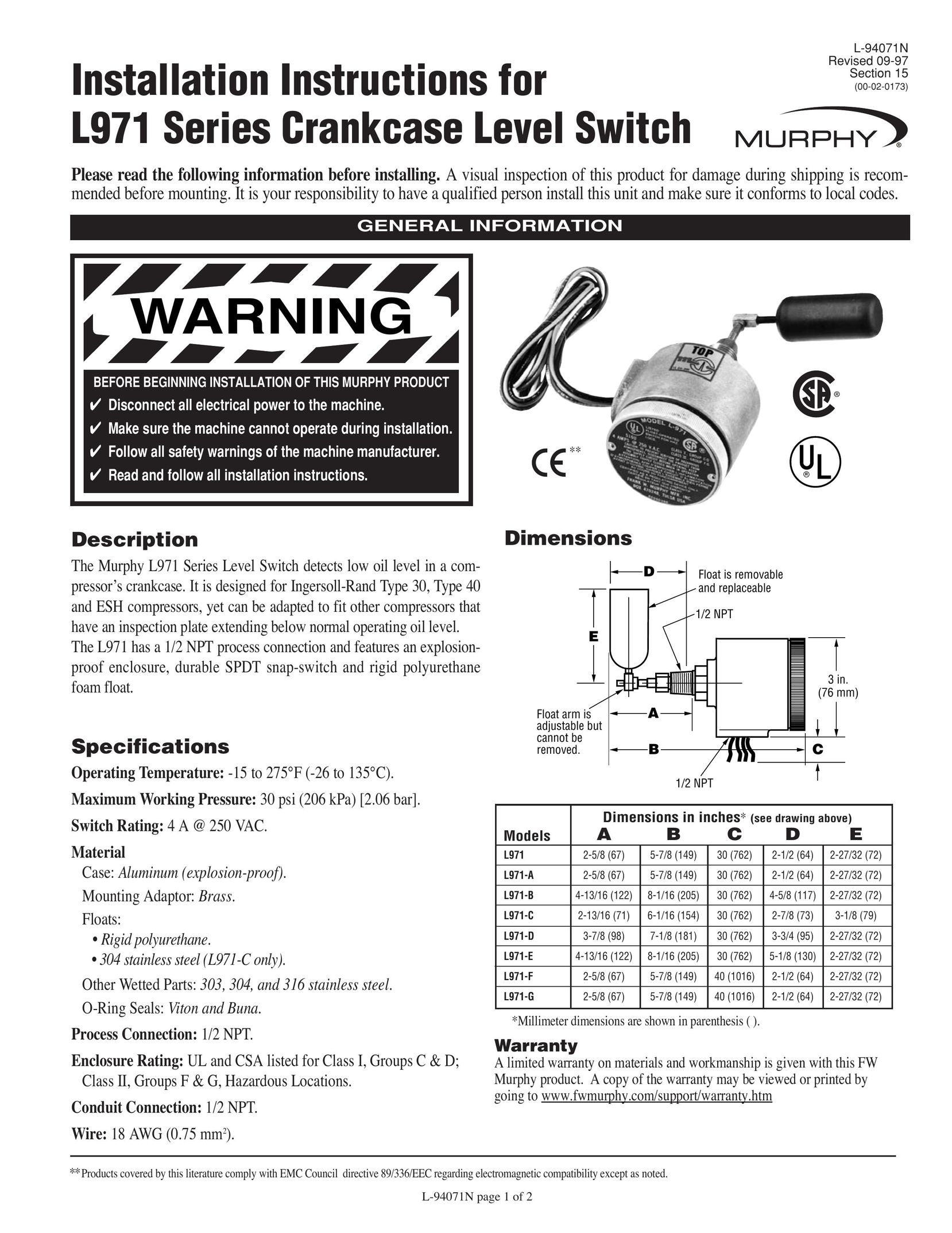 Murphy L971 Series Switch User Manual