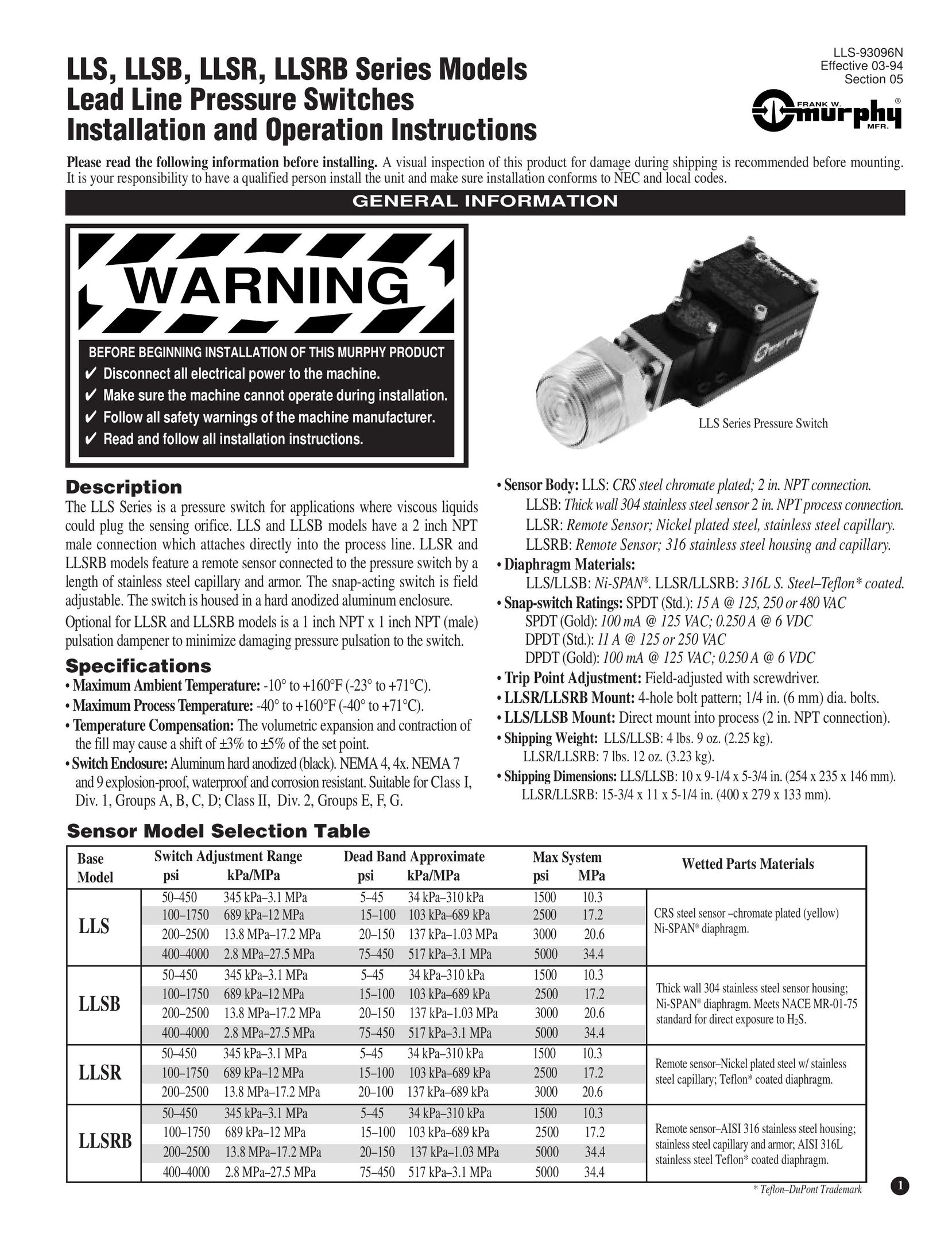 Murphy LLSRB Series Switch User Manual