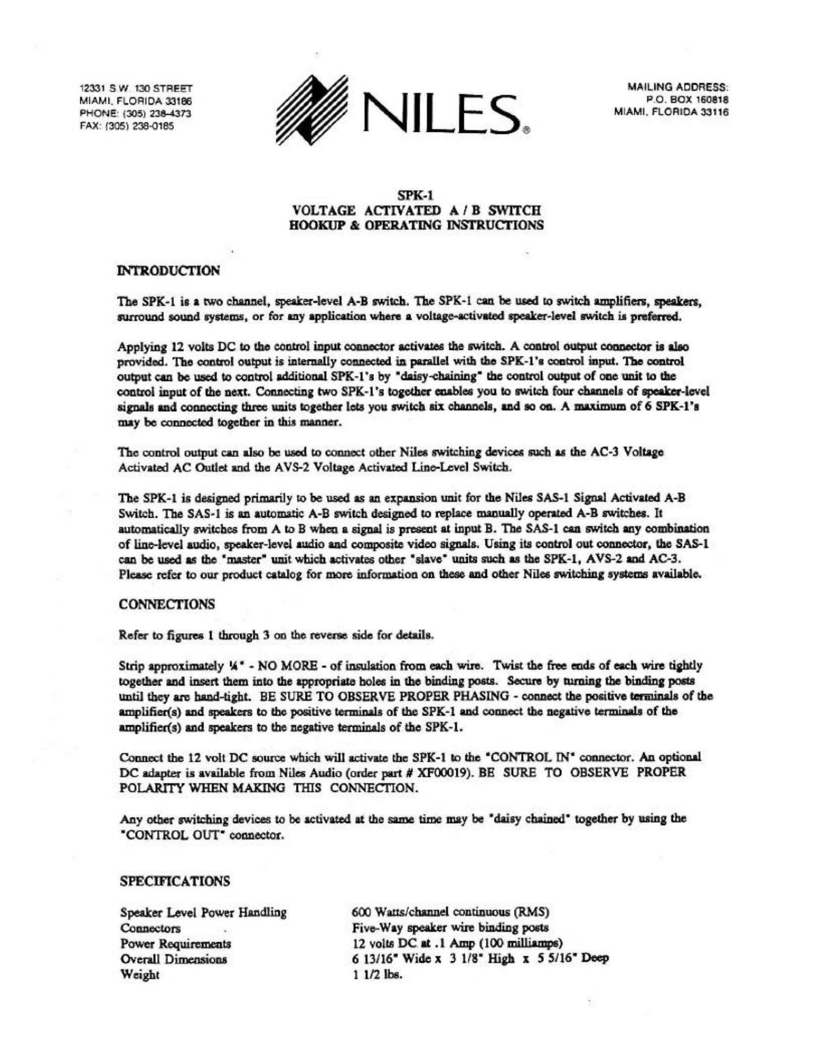 Niles Audio SPK-1 Switch User Manual