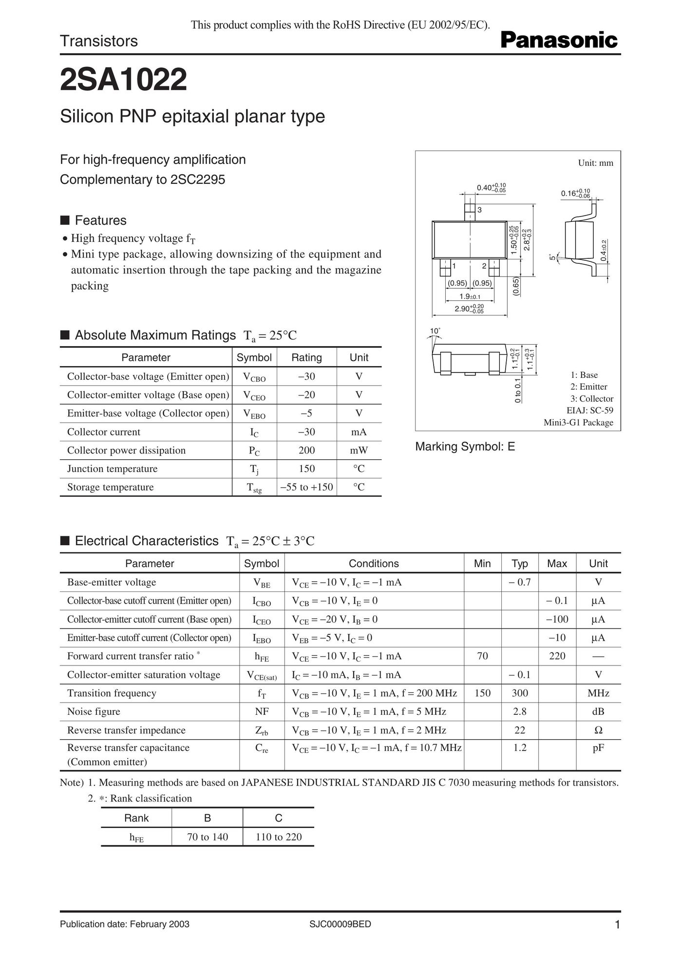 Panasonic 2SA1022 Switch User Manual