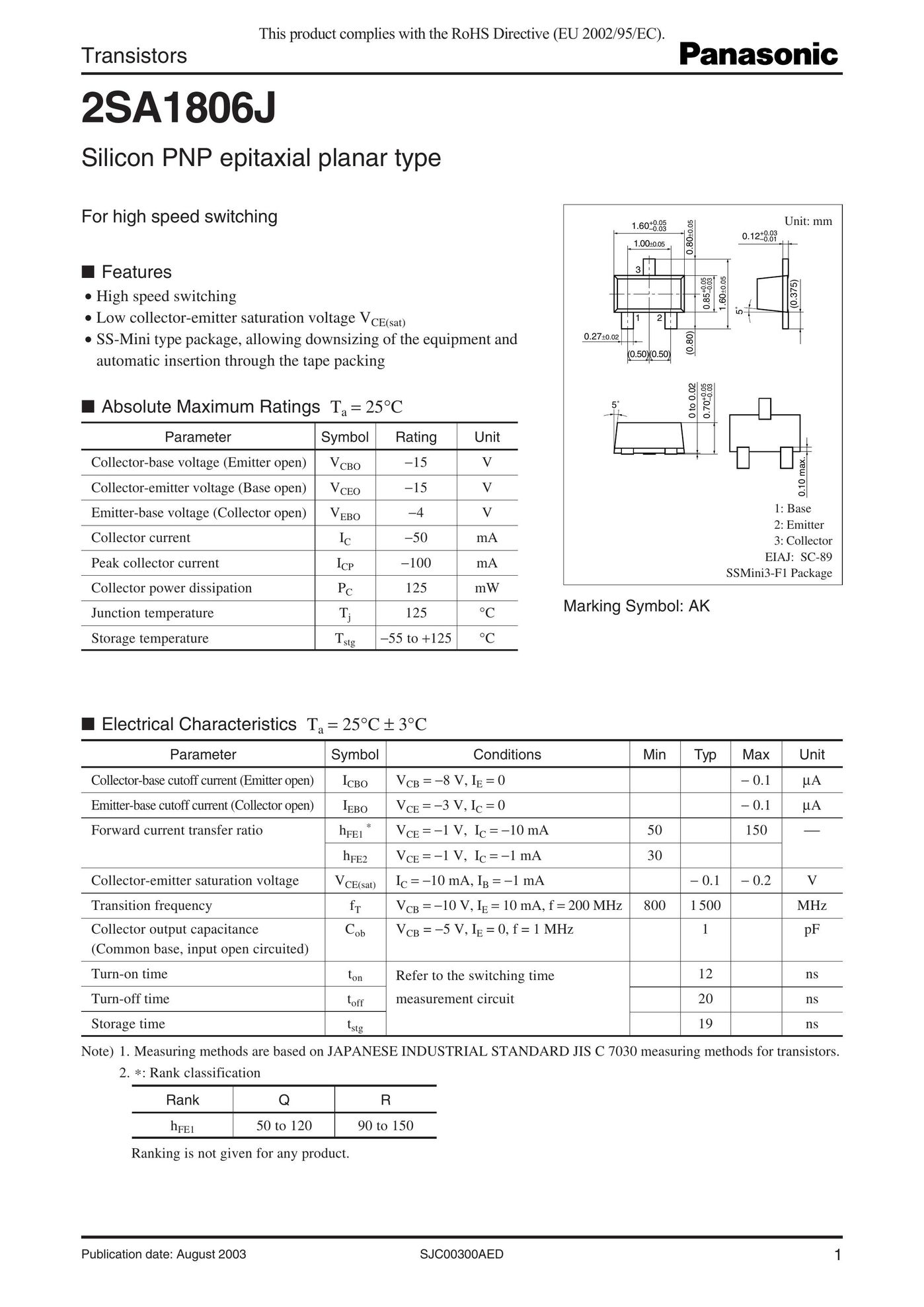 Panasonic 2SA1806J Switch User Manual
