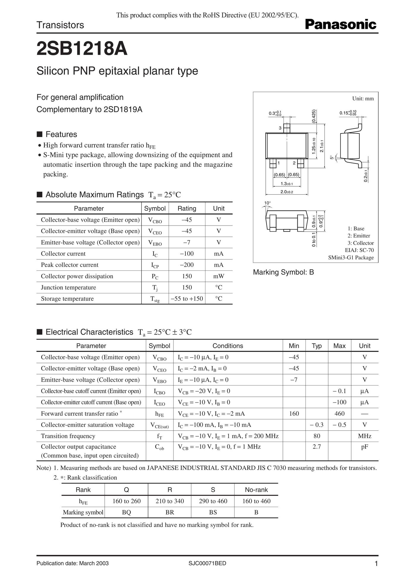 Panasonic 2SB1218A Switch User Manual