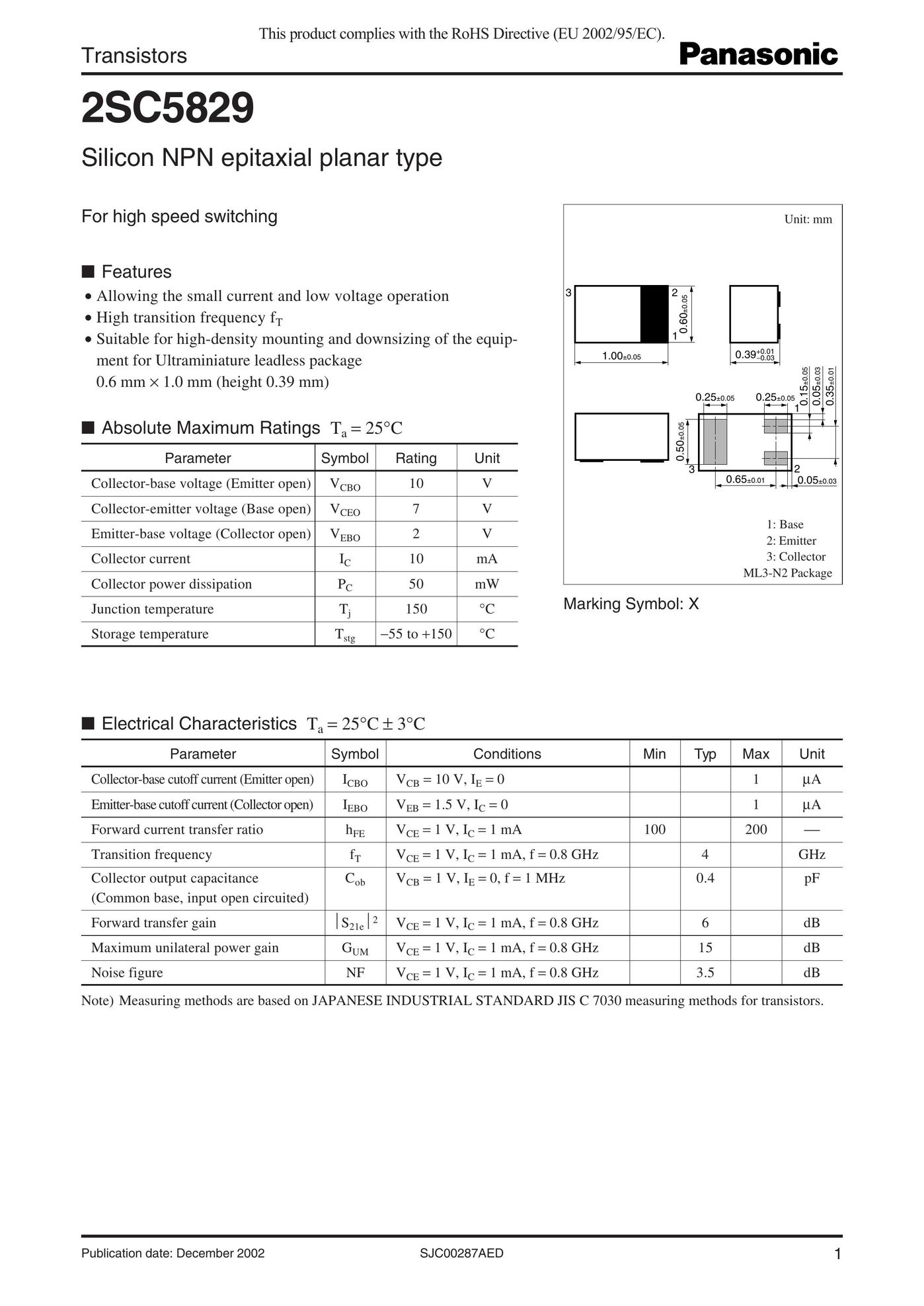 Panasonic 2SC5829 Switch User Manual