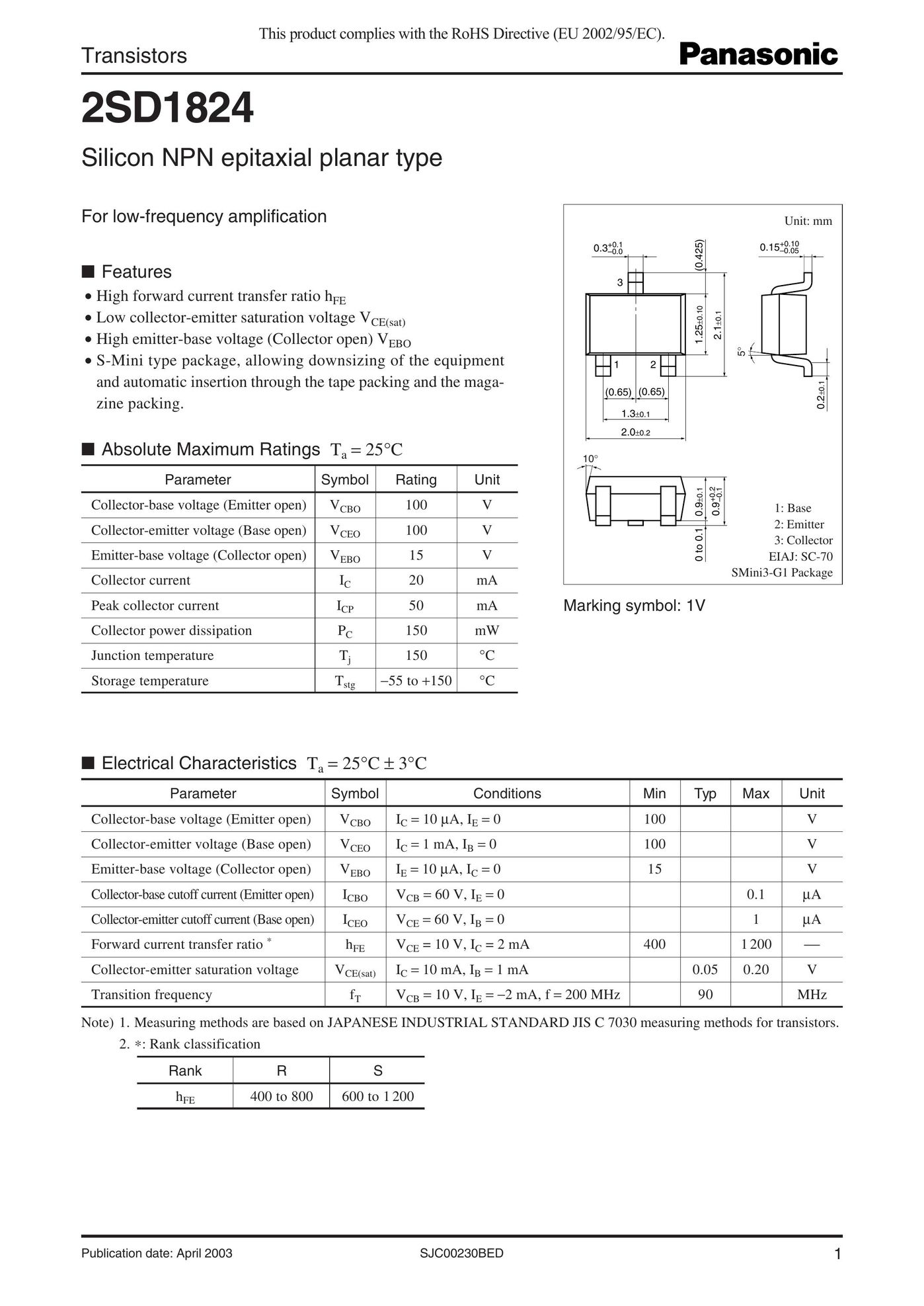 Panasonic 2SD1824 Switch User Manual