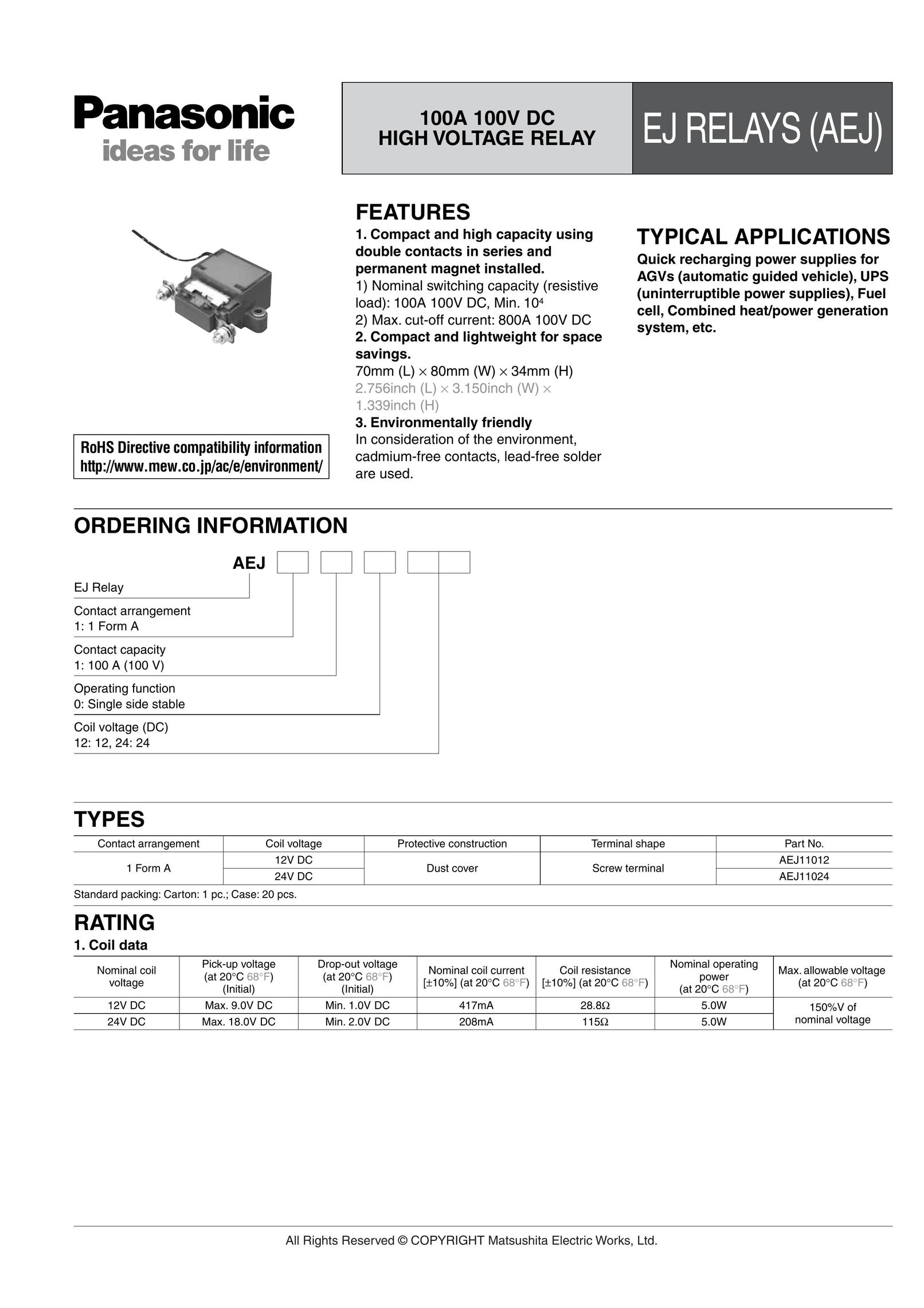 Panasonic EJ Relays Switch User Manual