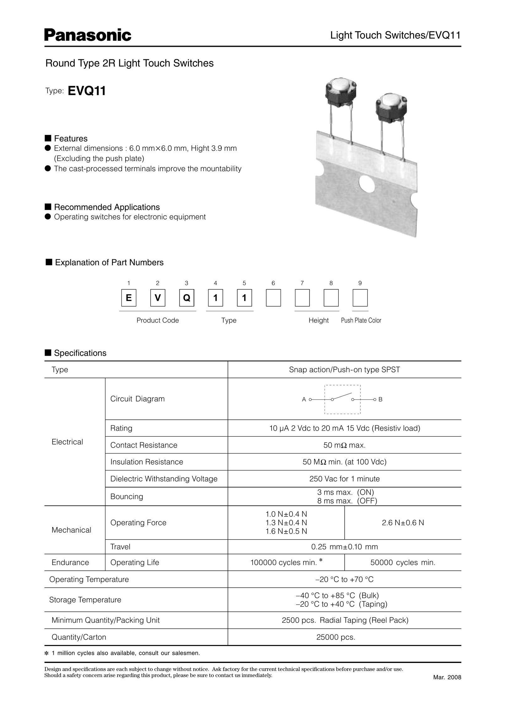 Panasonic EVQ11 Switch User Manual