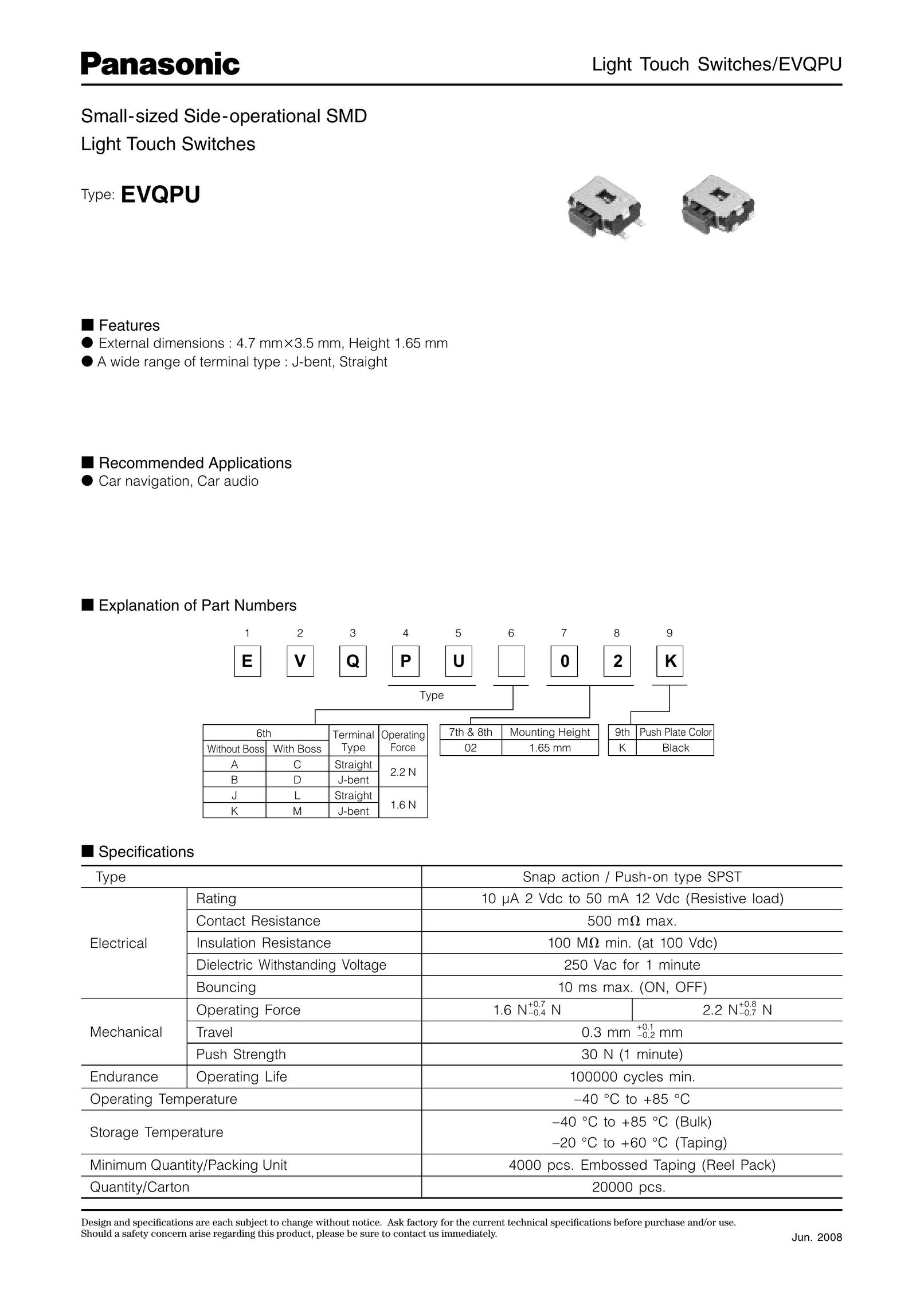 Panasonic EVQPU Switch User Manual