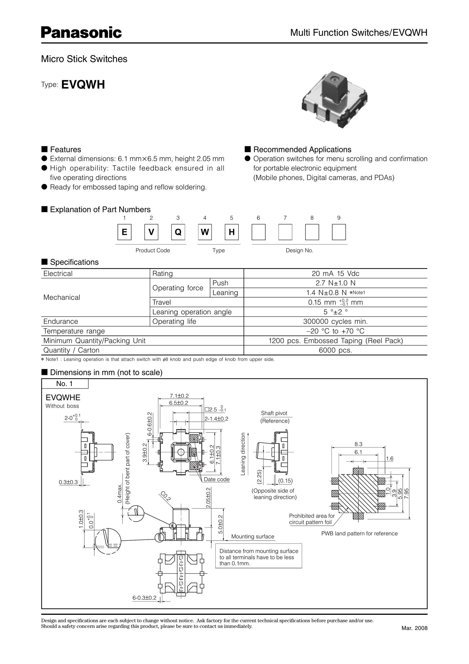 Panasonic EVQWH Switch User Manual