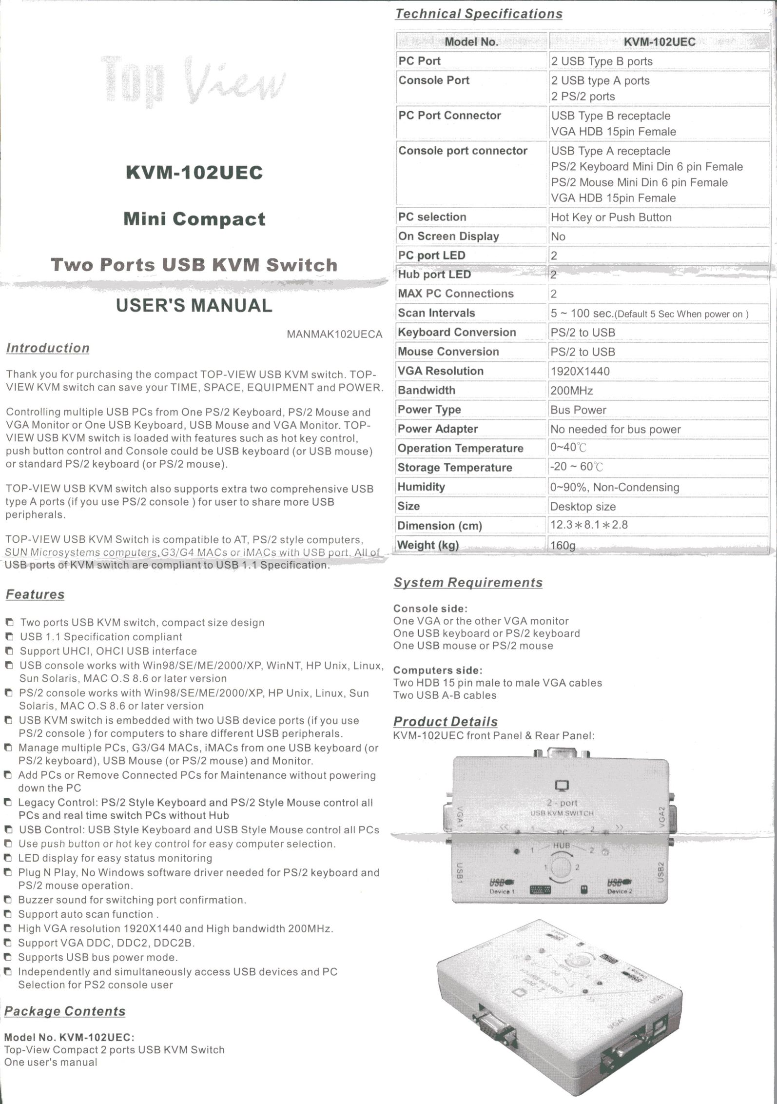 QVS KVM102UEC Switch User Manual