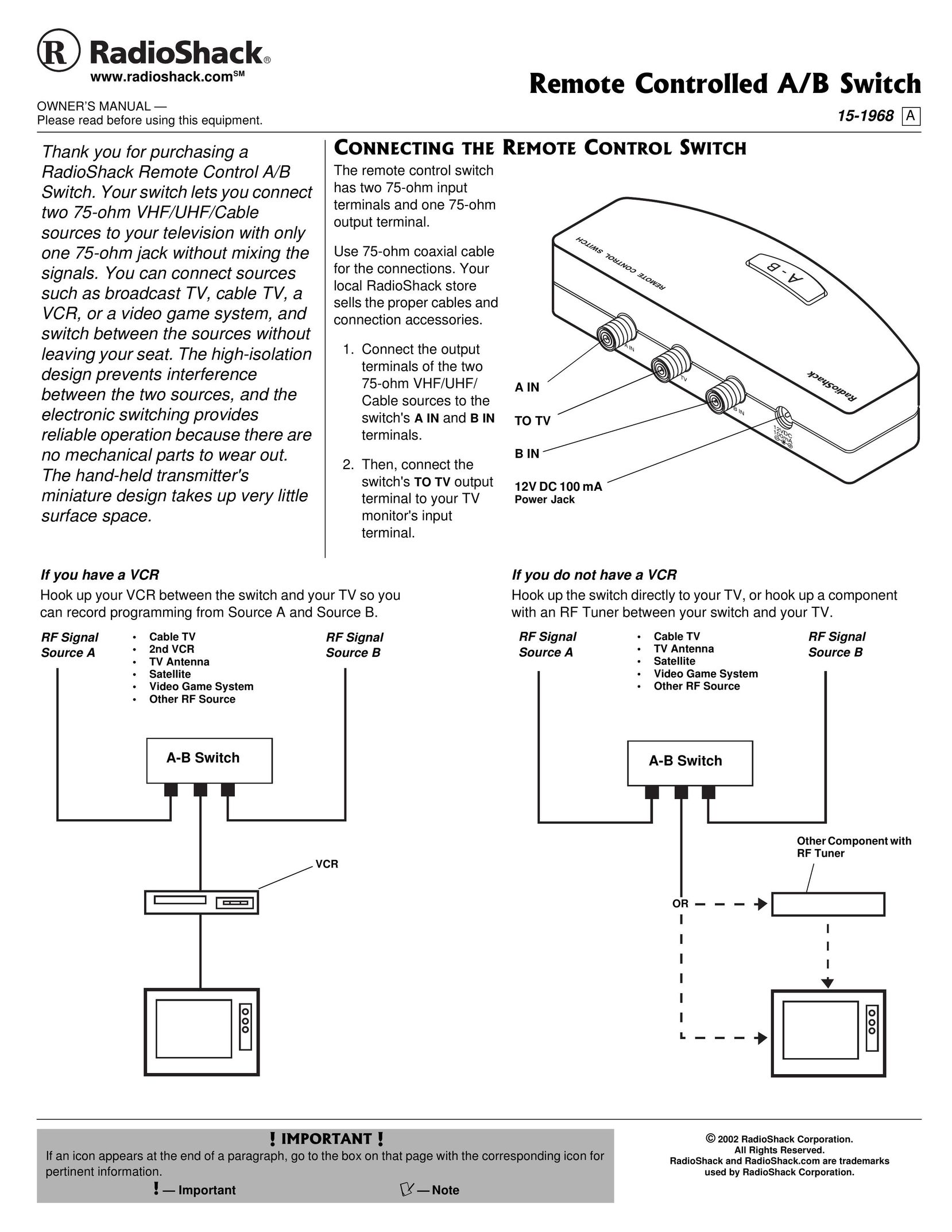 Radio Shack 10A02 Switch User Manual