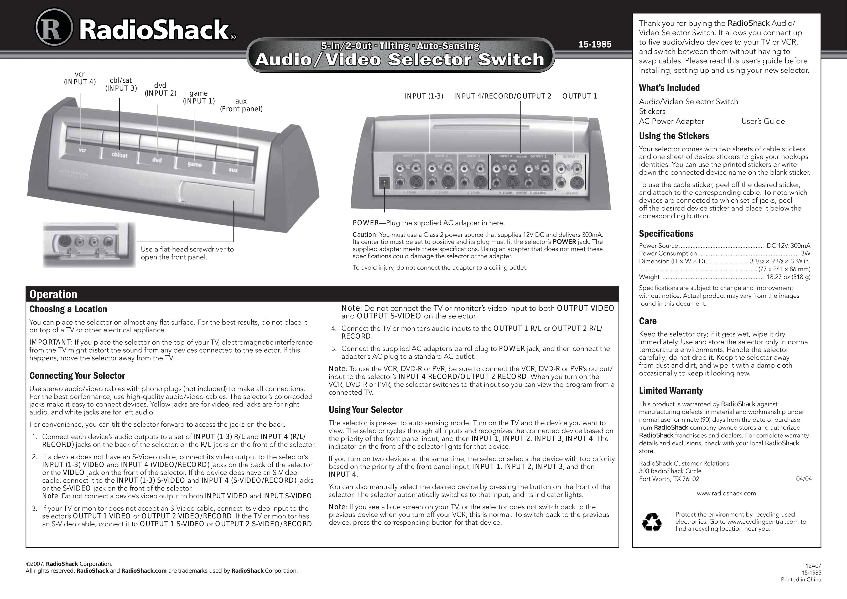 Radio Shack 15-1985 Switch User Manual