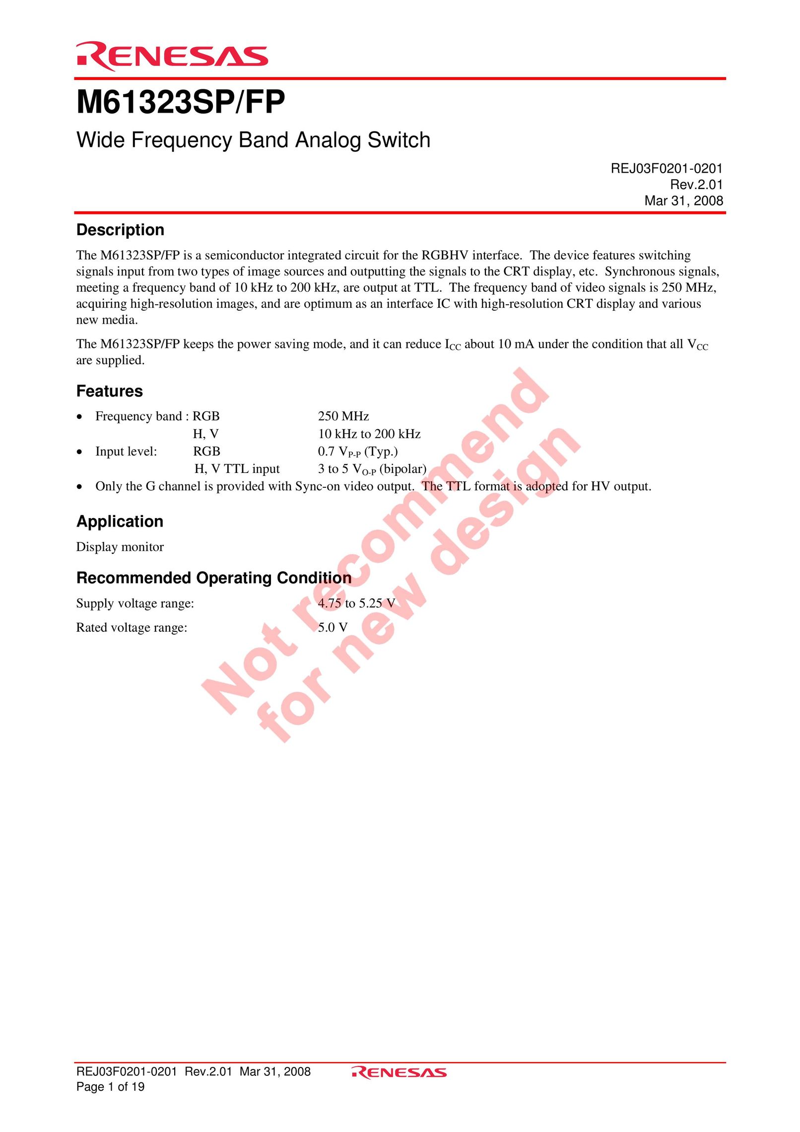 Renesas M61323SP/FP Switch User Manual