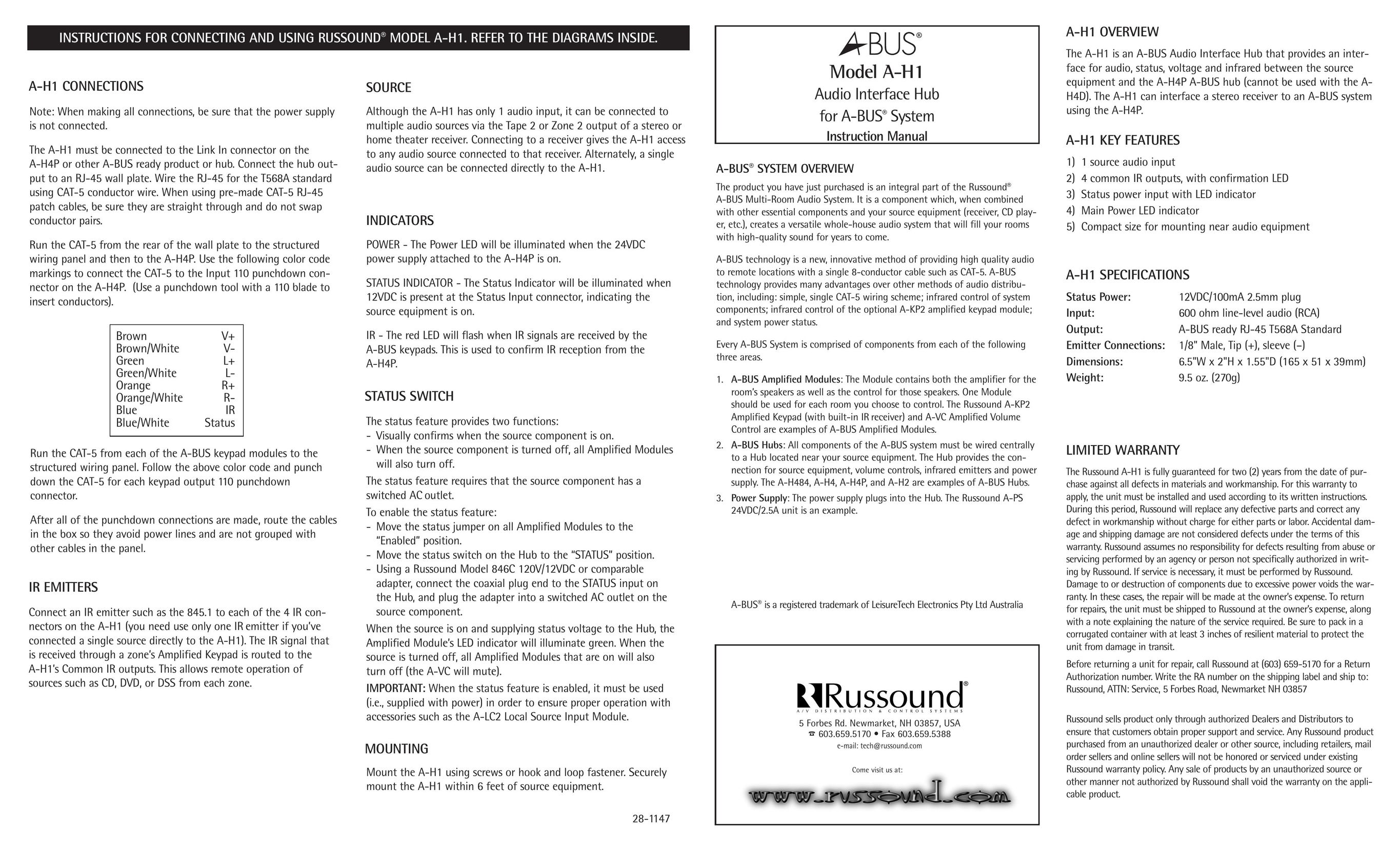 Russound A-H1 Switch User Manual