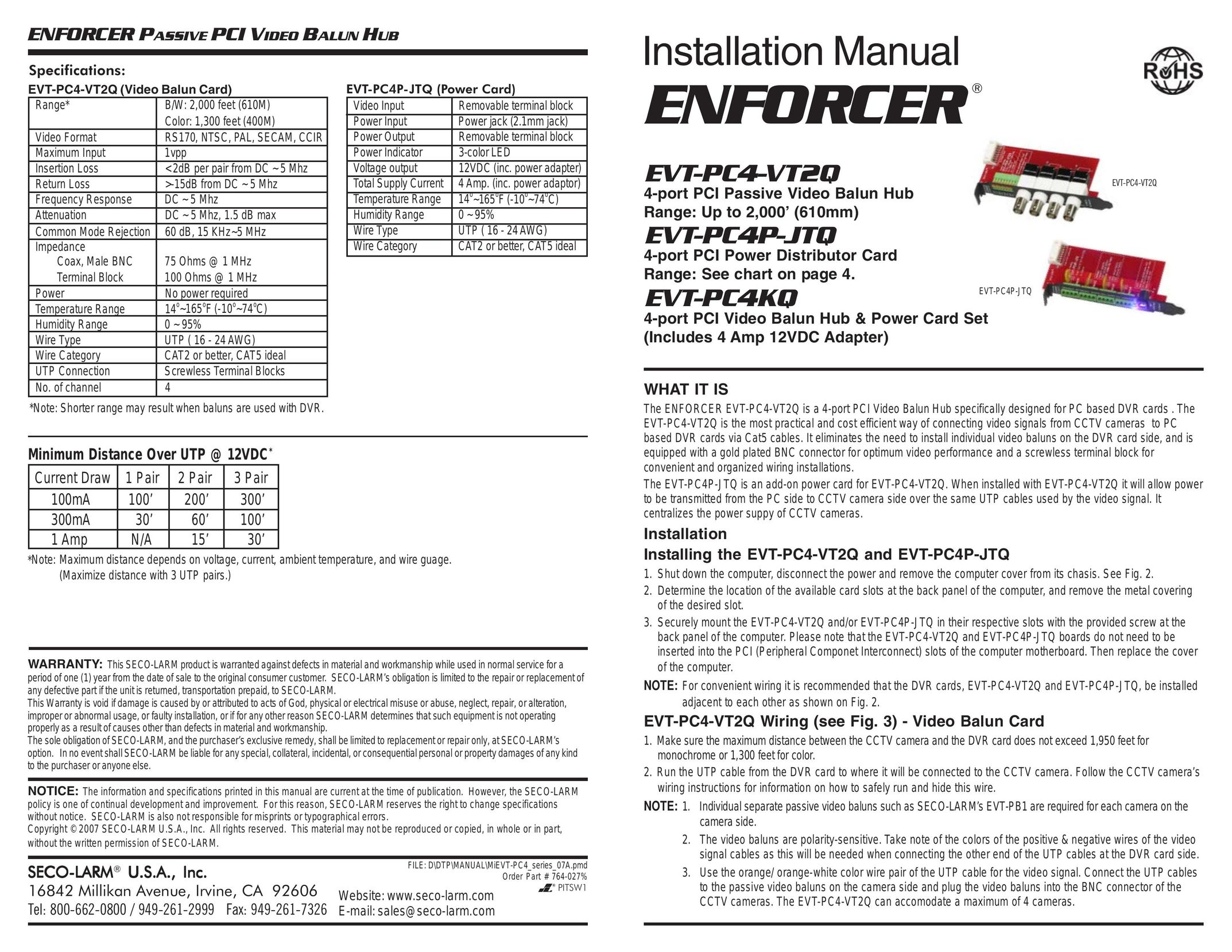 SECO-LARM USA EVT-PC4-VT2Q Switch User Manual