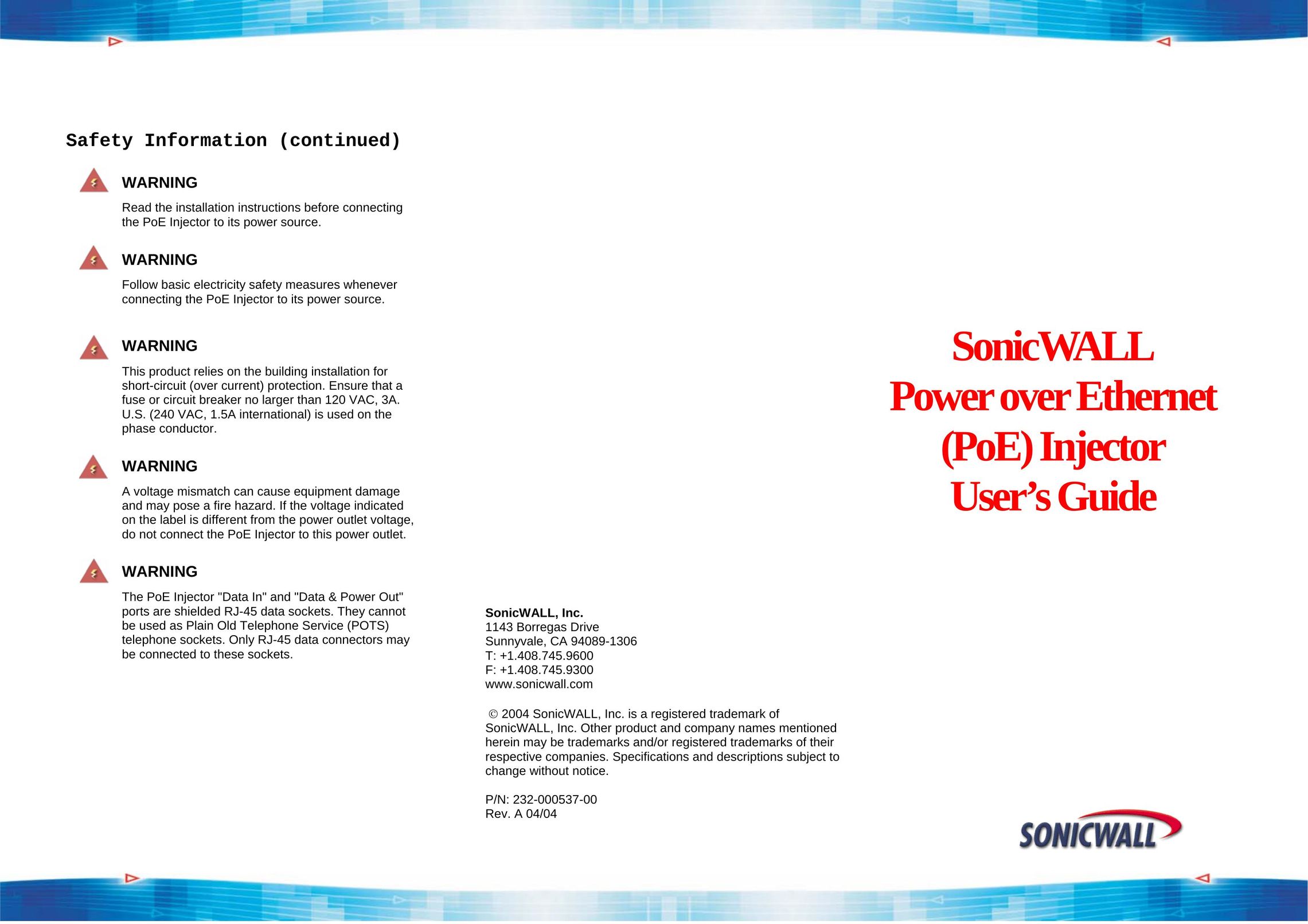 SonicWALL (PoE)Injector Switch User Manual