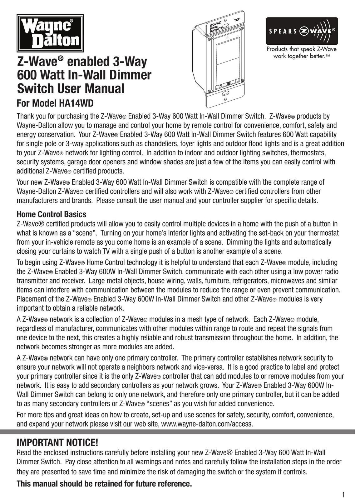 Wayne-Dalton HA14WD Switch User Manual