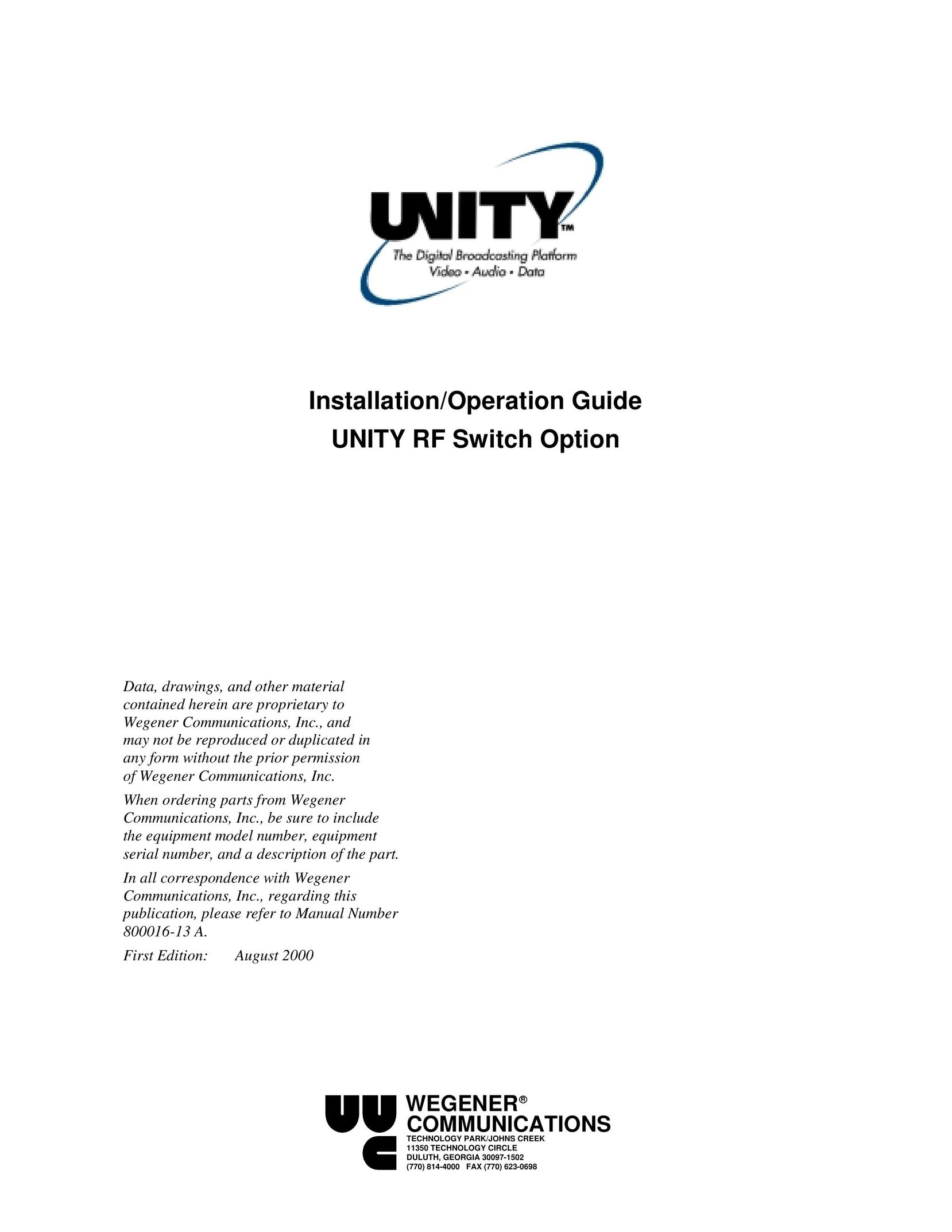 Wegener Communications Unity RF Switch Switch User Manual