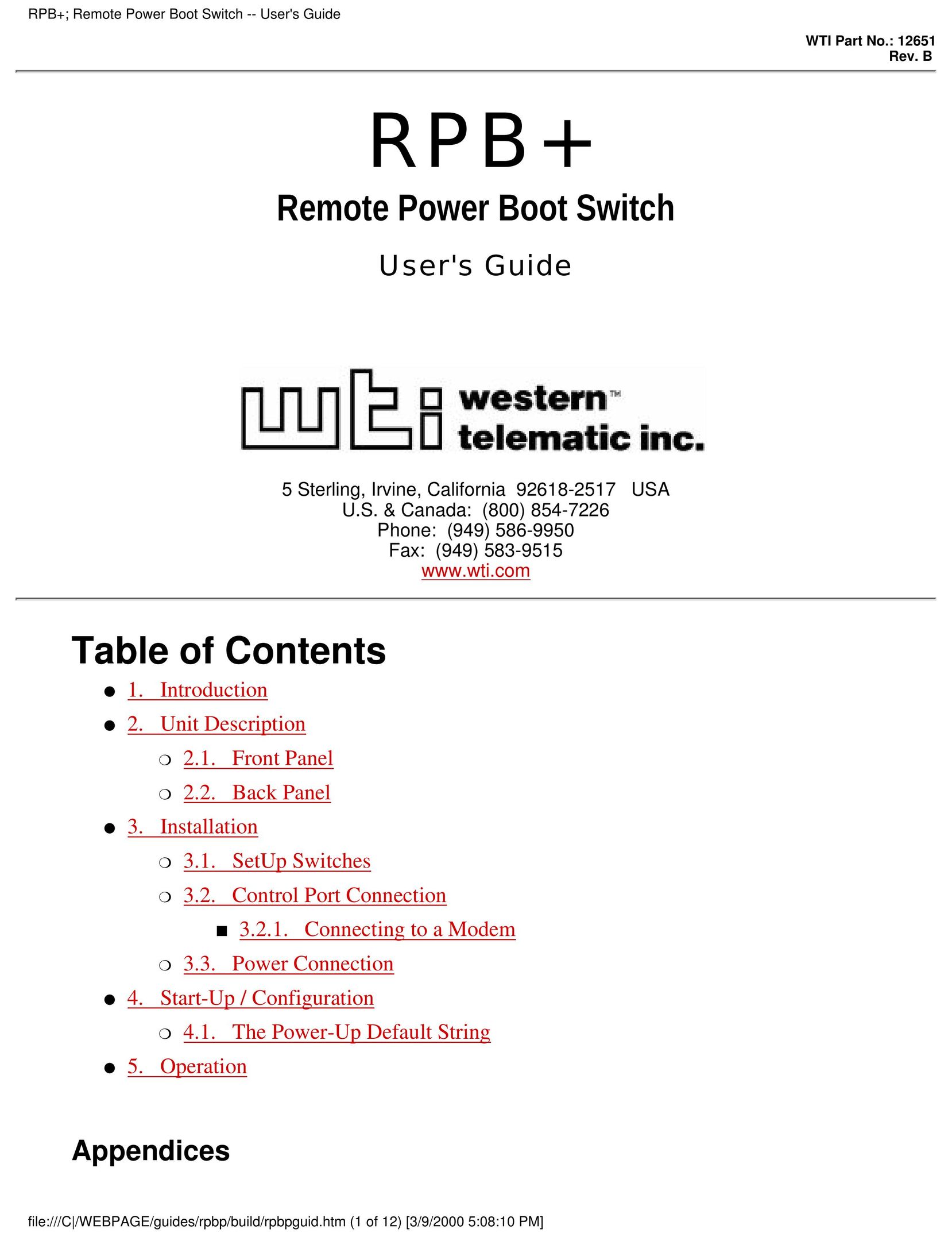 Western Telematic Remote Power Boot Switch Switch User Manual
