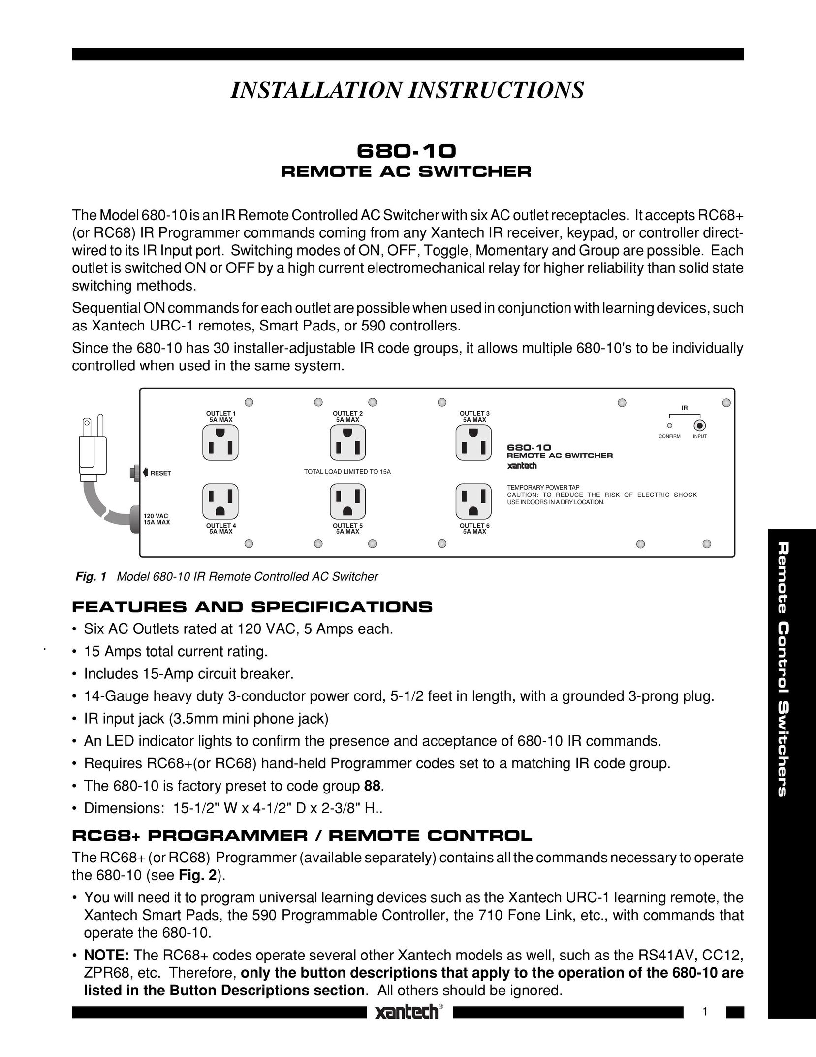 Xantech 680-10 Switch User Manual