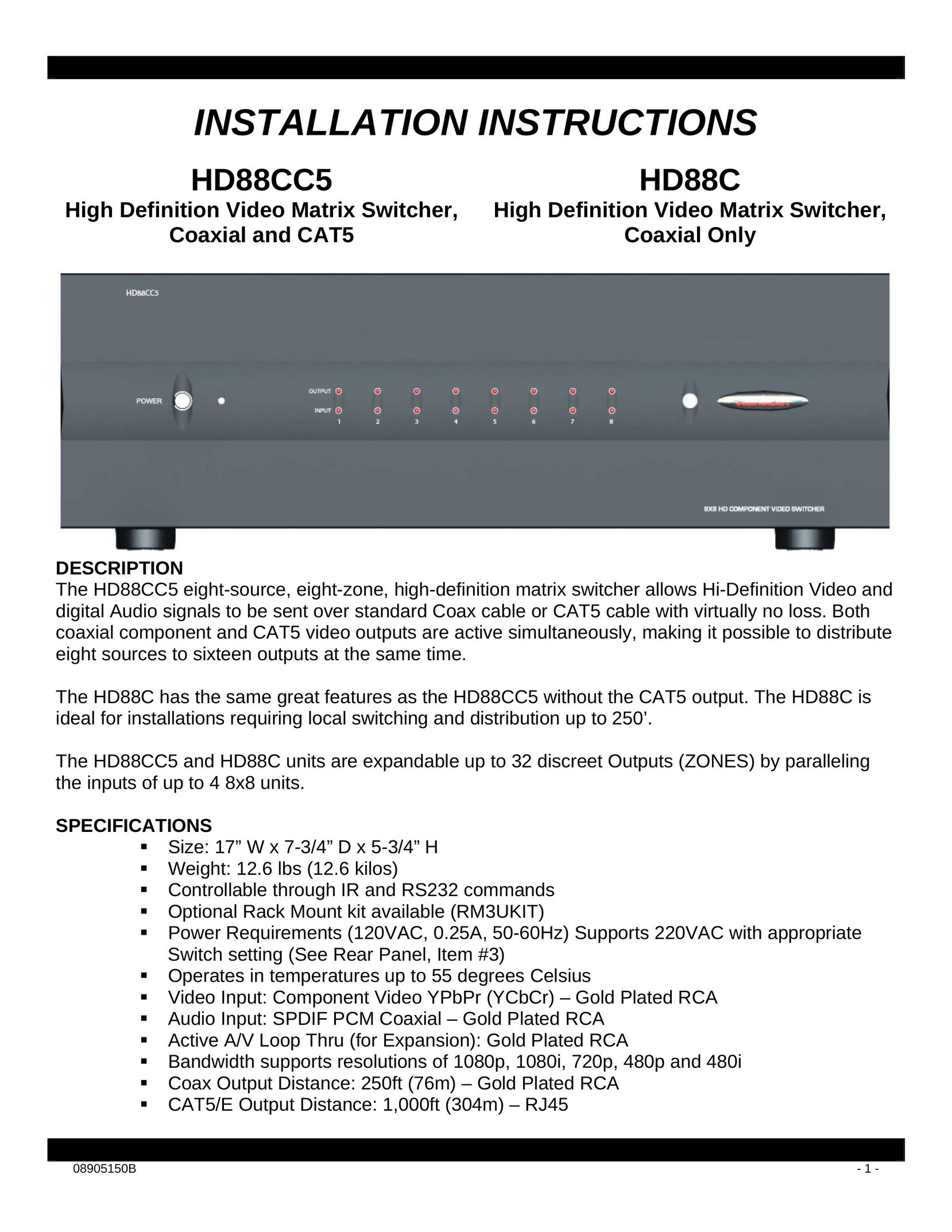 Xantech HD88C Switch User Manual