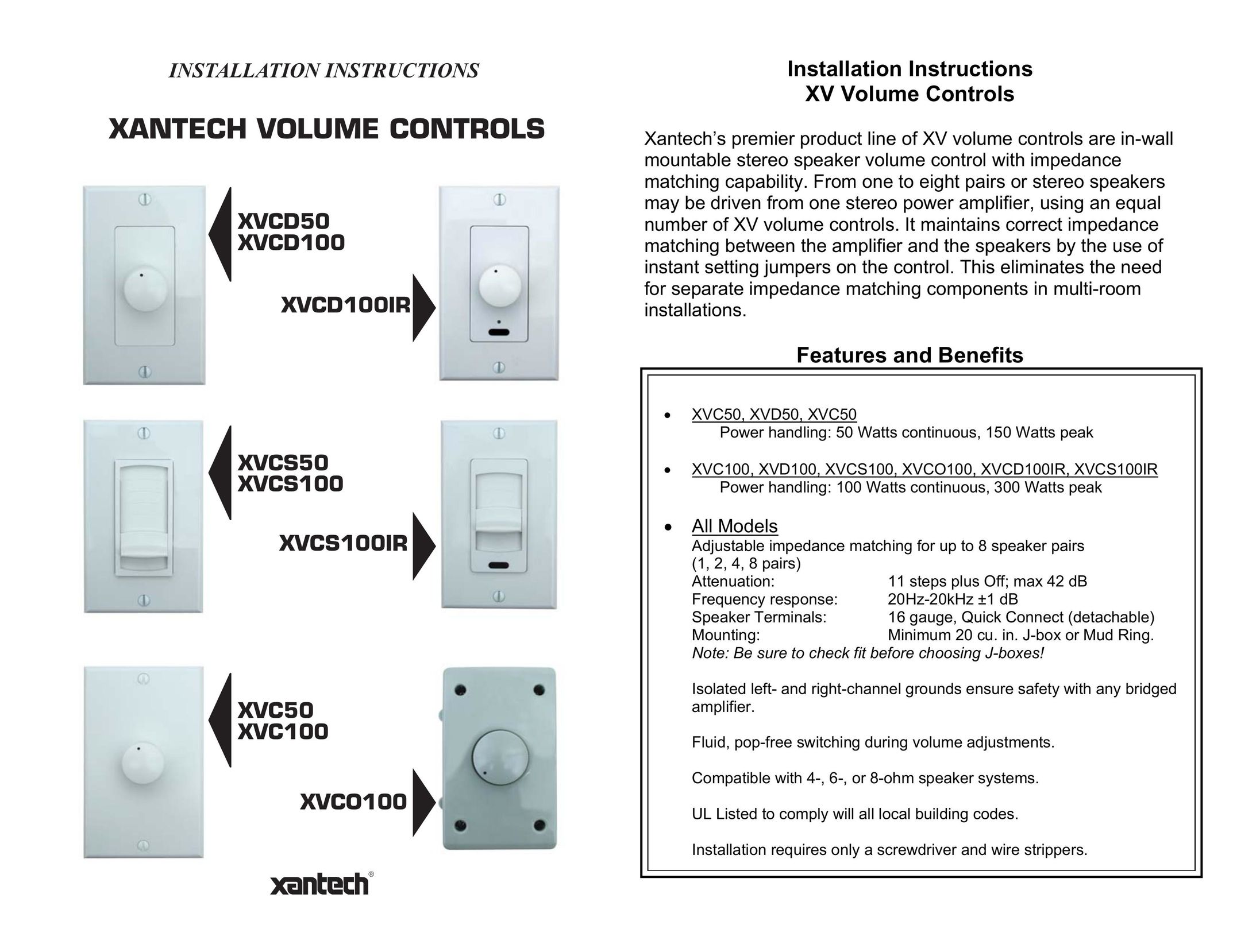 Xantech Xantech Volume Controls Switch User Manual