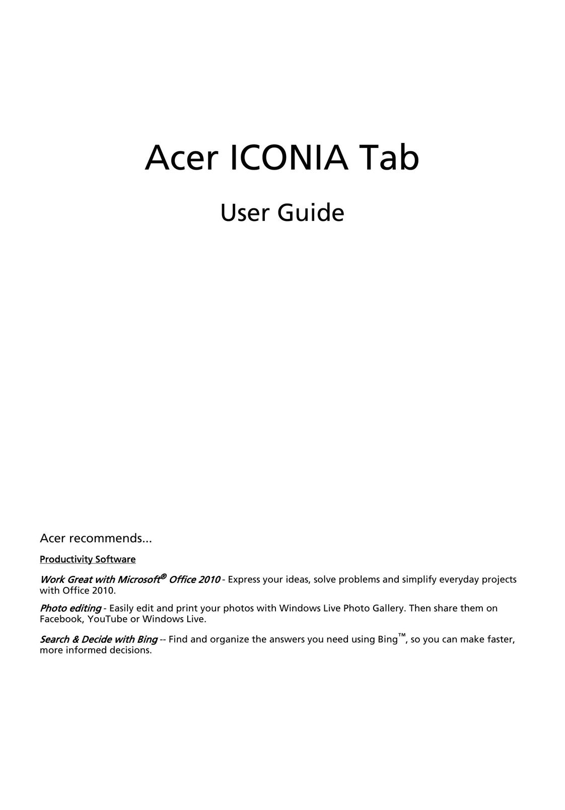 Acer NTL1CAA002 Tablet User Manual