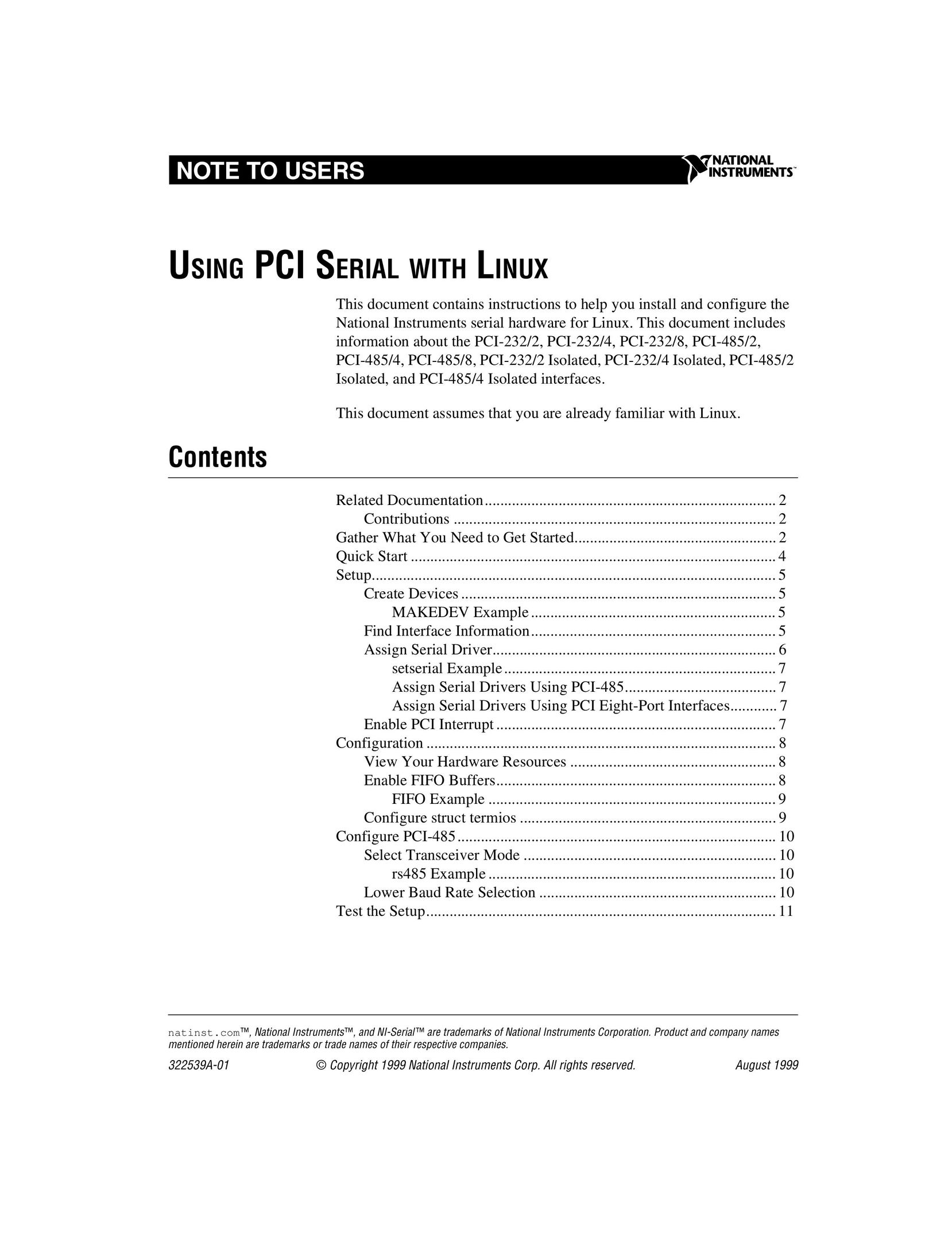 National Instruments PCI-232/2 Tablet User Manual