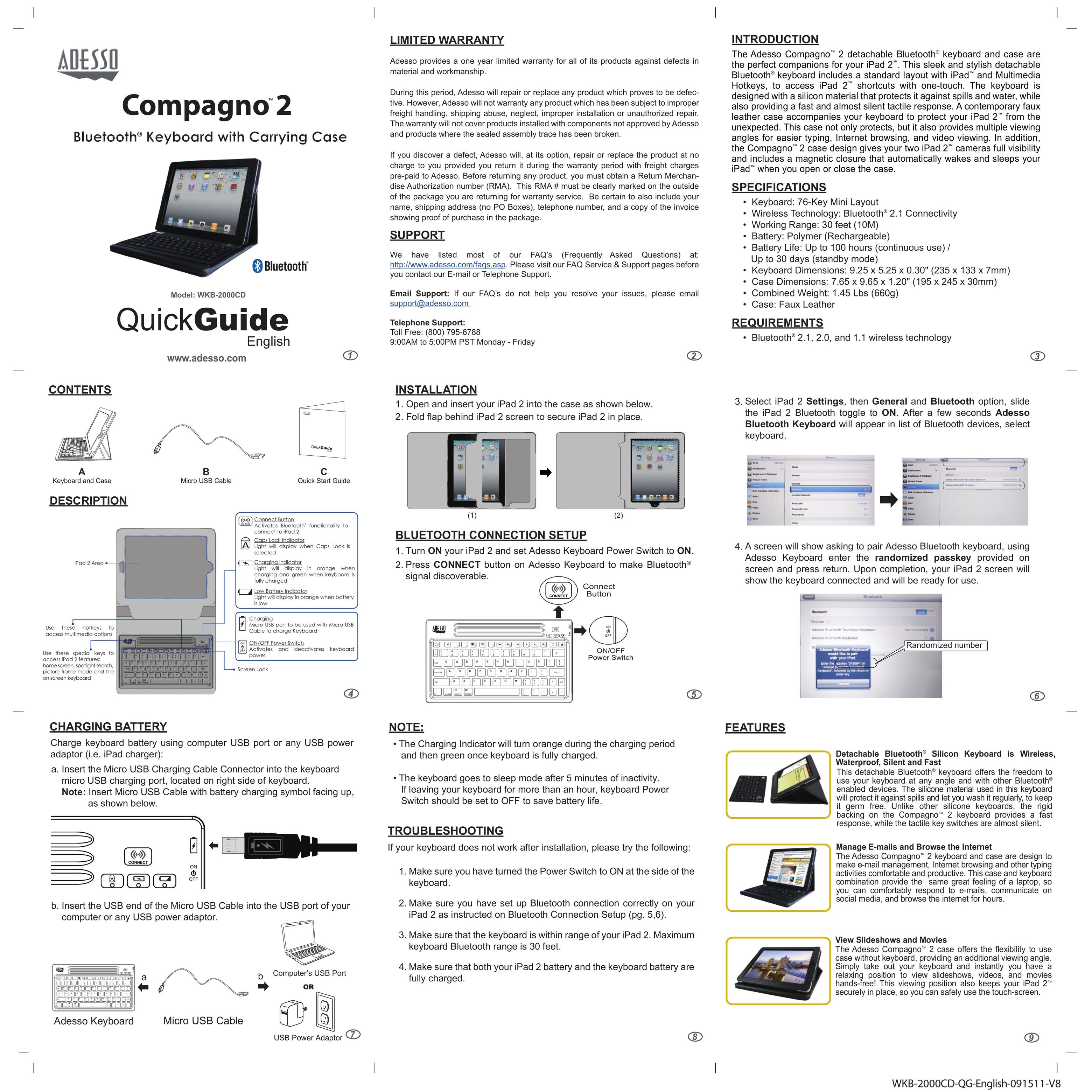 Adesso WKB-2000CD Tablet Accessory User Manual