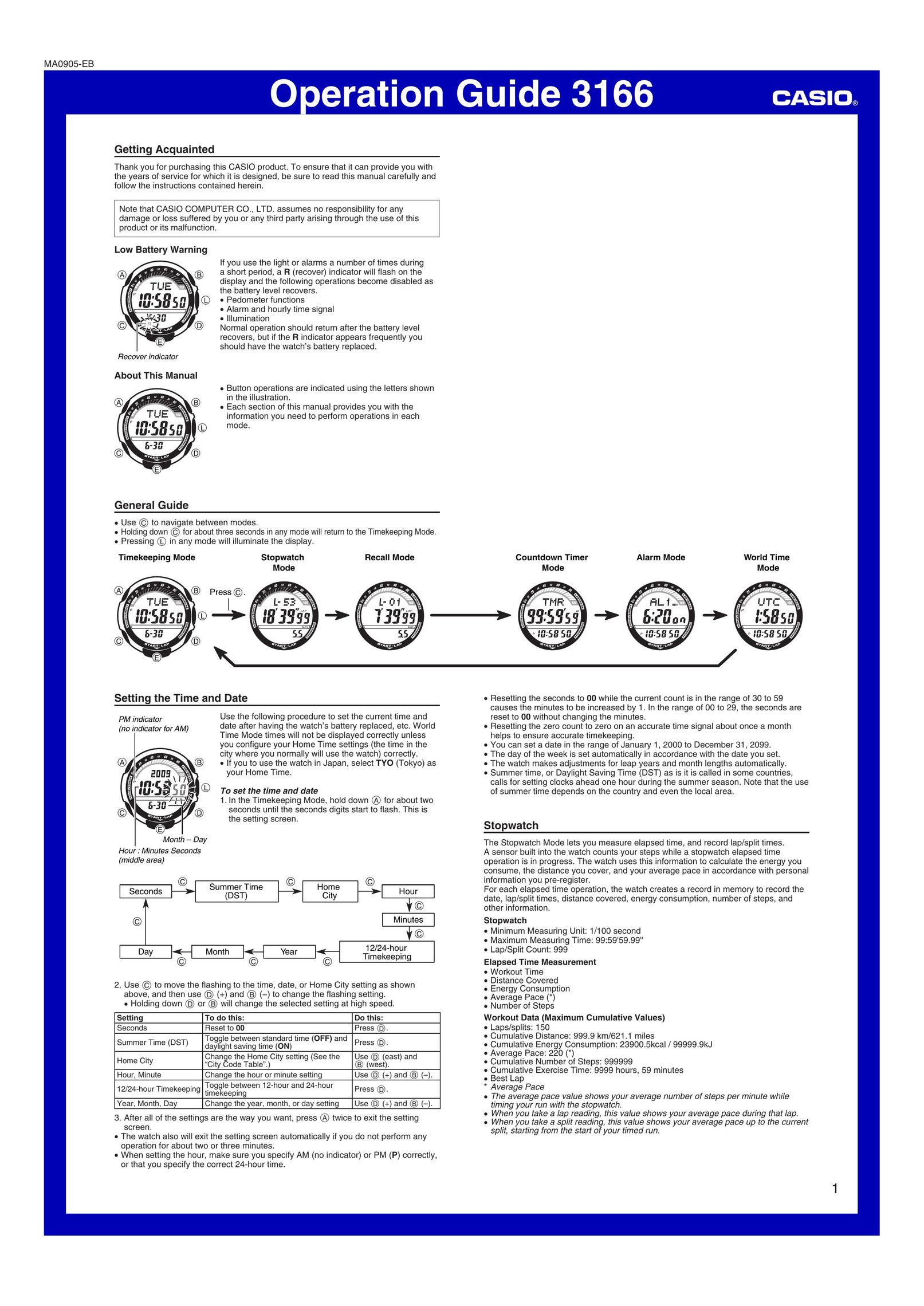 Casio SGW2001V Time Clock User Manual