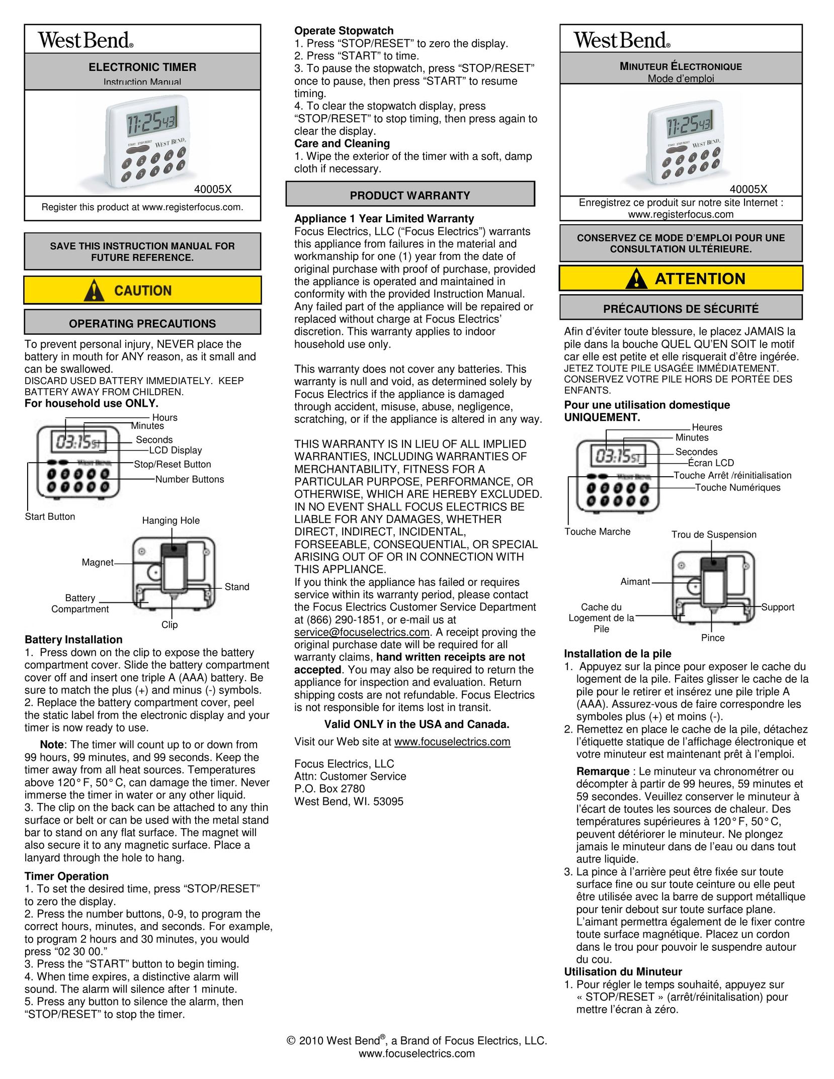 West Bend 40005X Time Clock User Manual