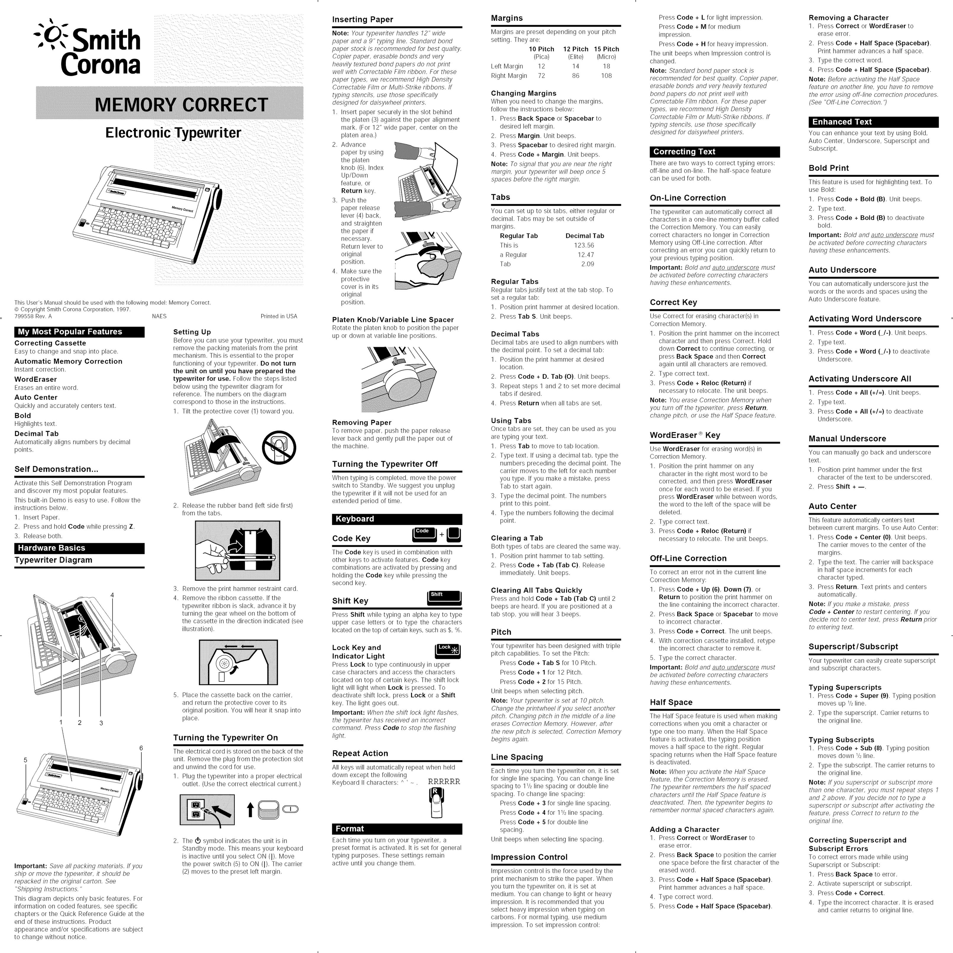 Smith Corona Typewriter Typewriter User Manual