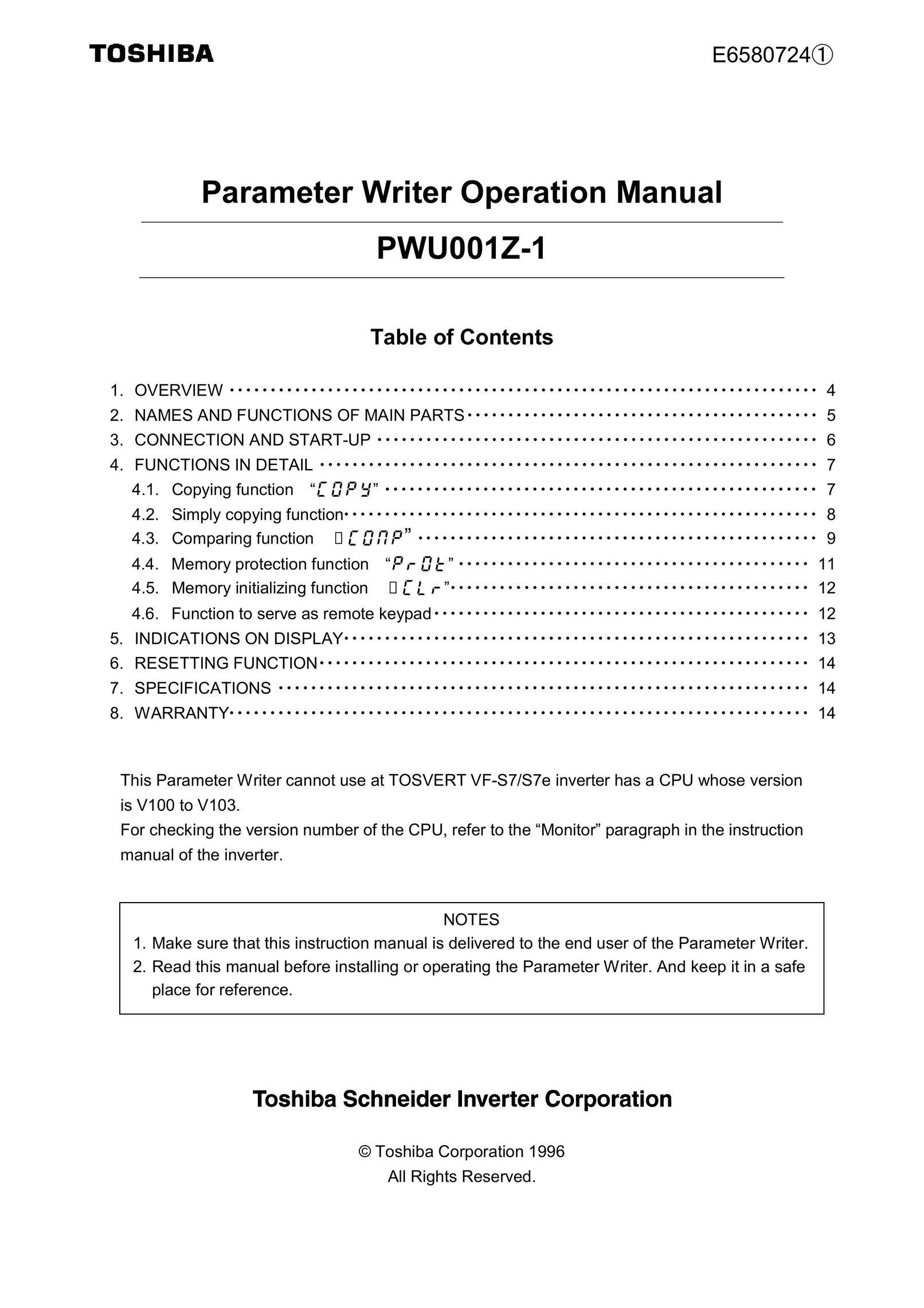 Toshiba PWU001Z-1 Typewriter User Manual