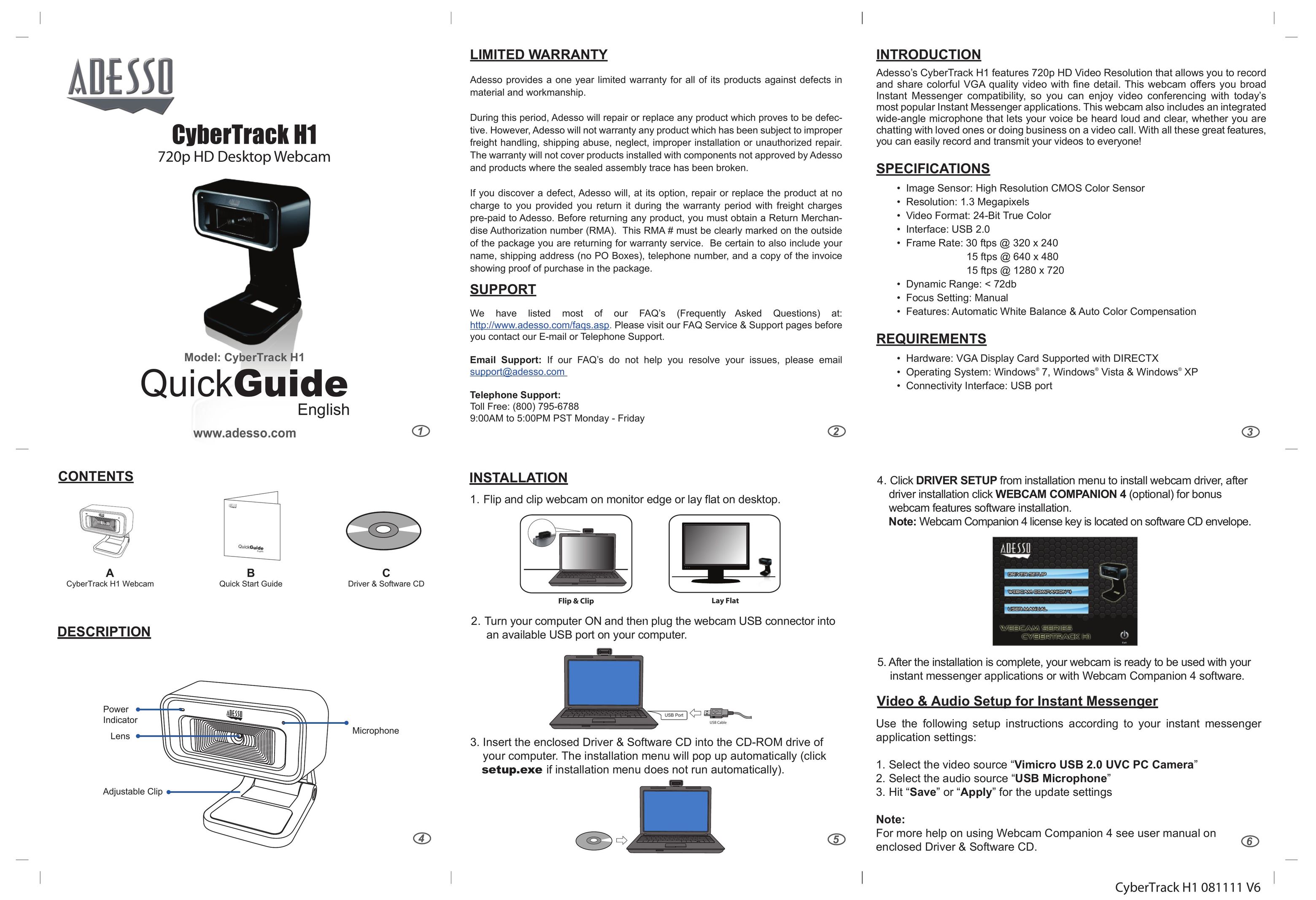 Adesso H1 Webcam User Manual