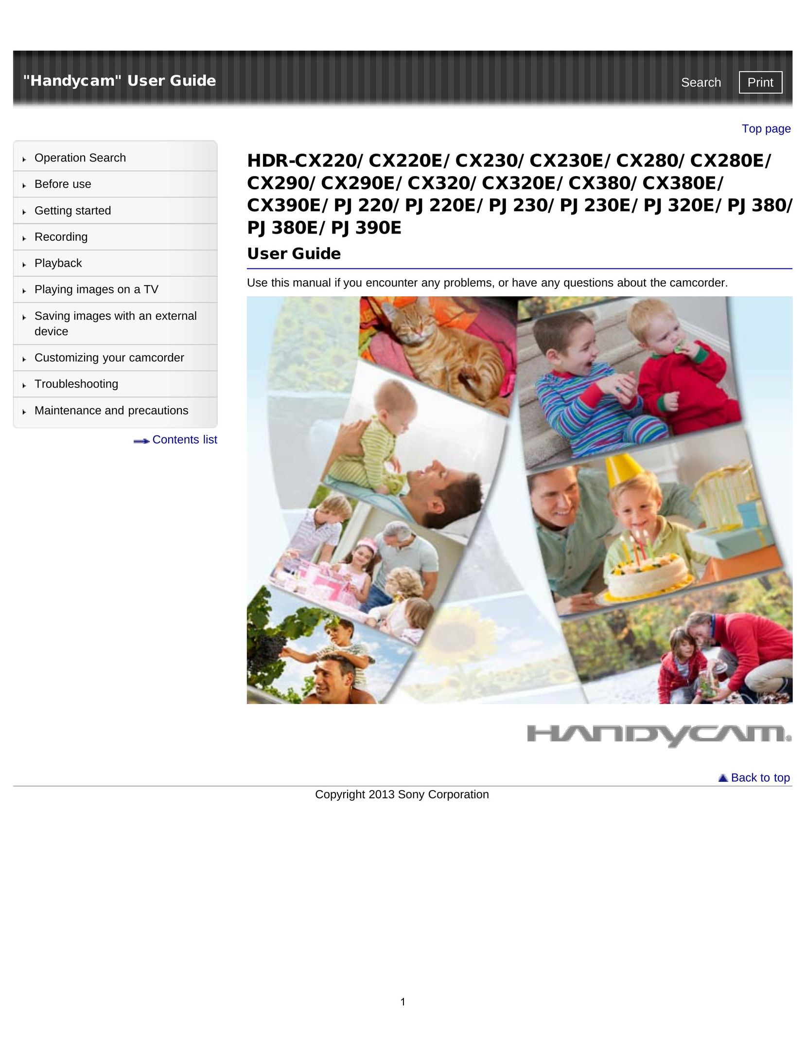 Sony HDR-CX220/ CX220E/ CX230/ CX230E/ CX280/ CX280E/ CX290/ CX290E/ CX320/ CX320E/ CX380/ CX380E/ CX390E/ PJ220/ PJ220E Webcam User Manual