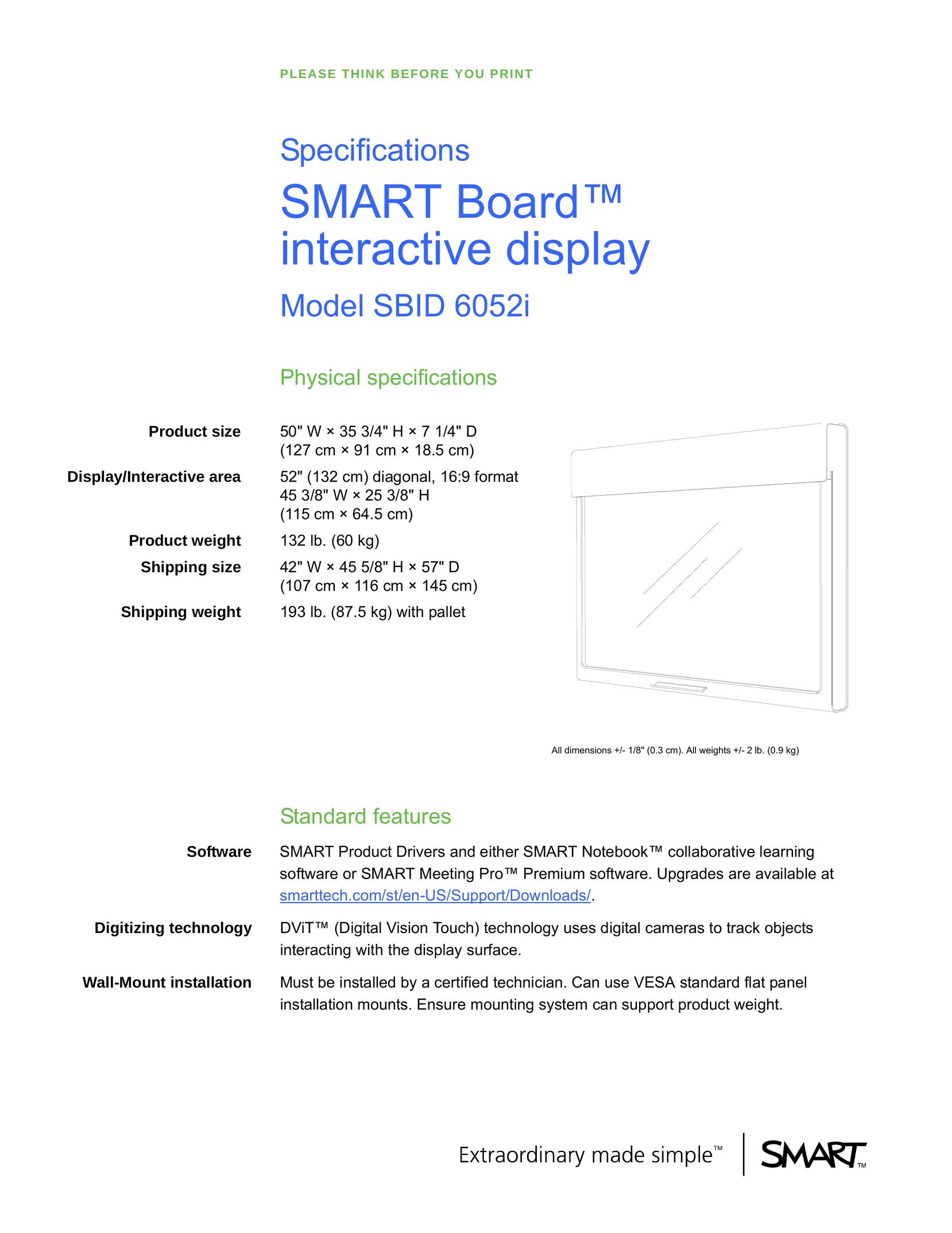 Smart Technologies SBID 6052i Whiteboard Accessories User Manual