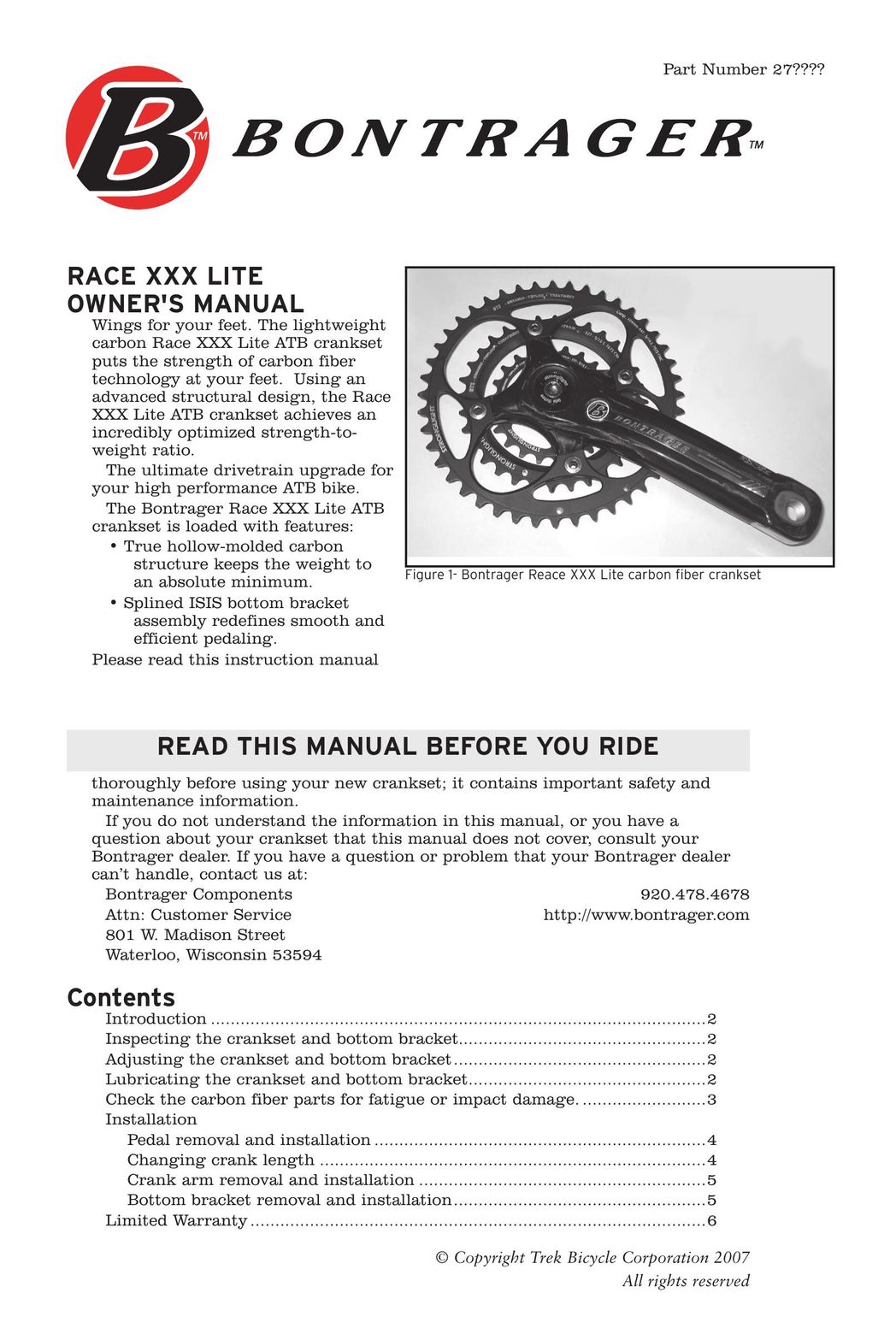 Bontrager Race XXX Lite Bicycle User Manual