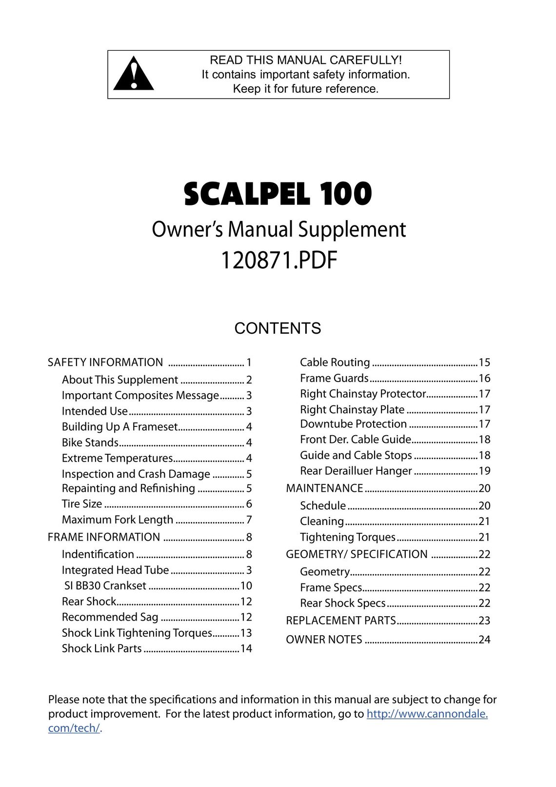 Cannondale SCALPEL 100 Bicycle User Manual