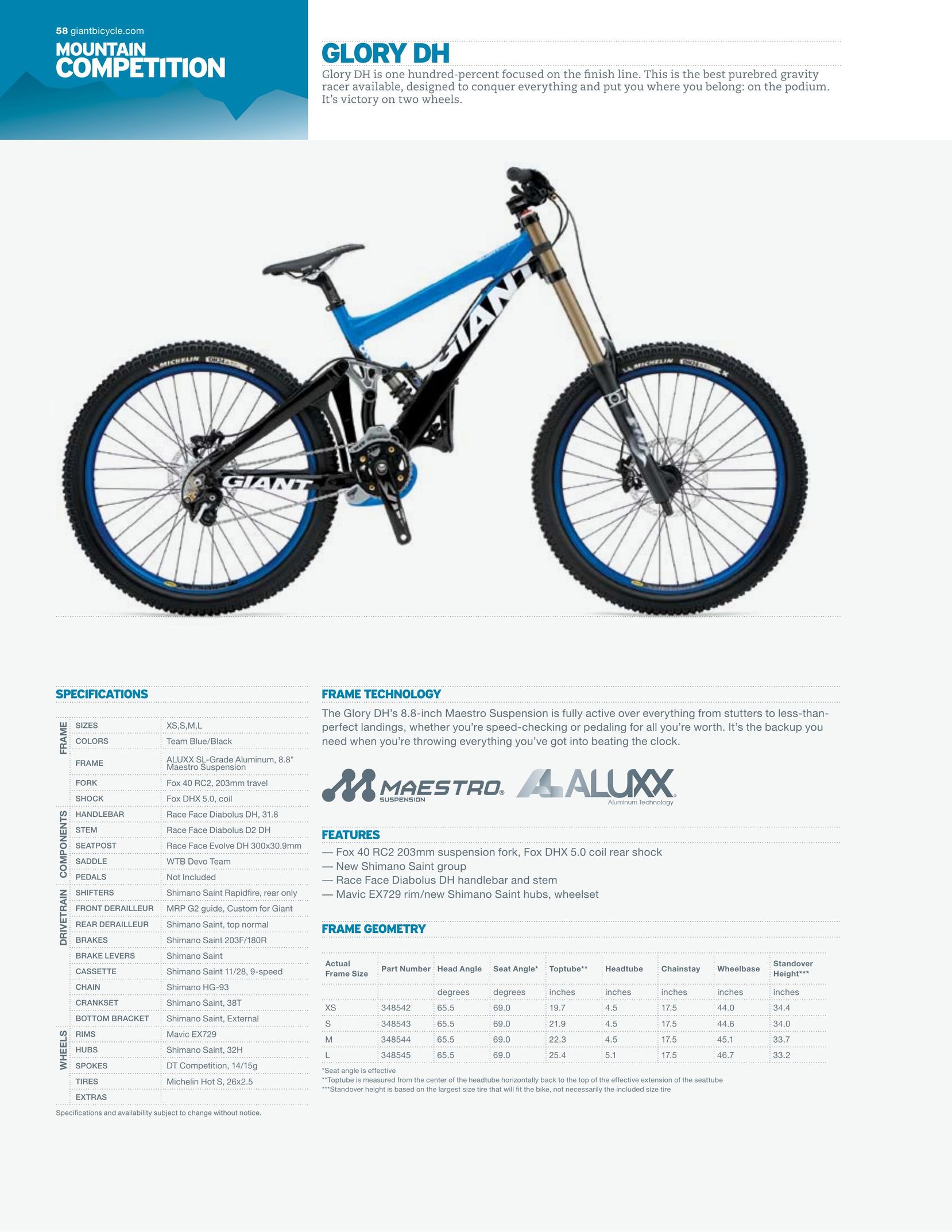 Giant GLORY DH Bicycle User Manual