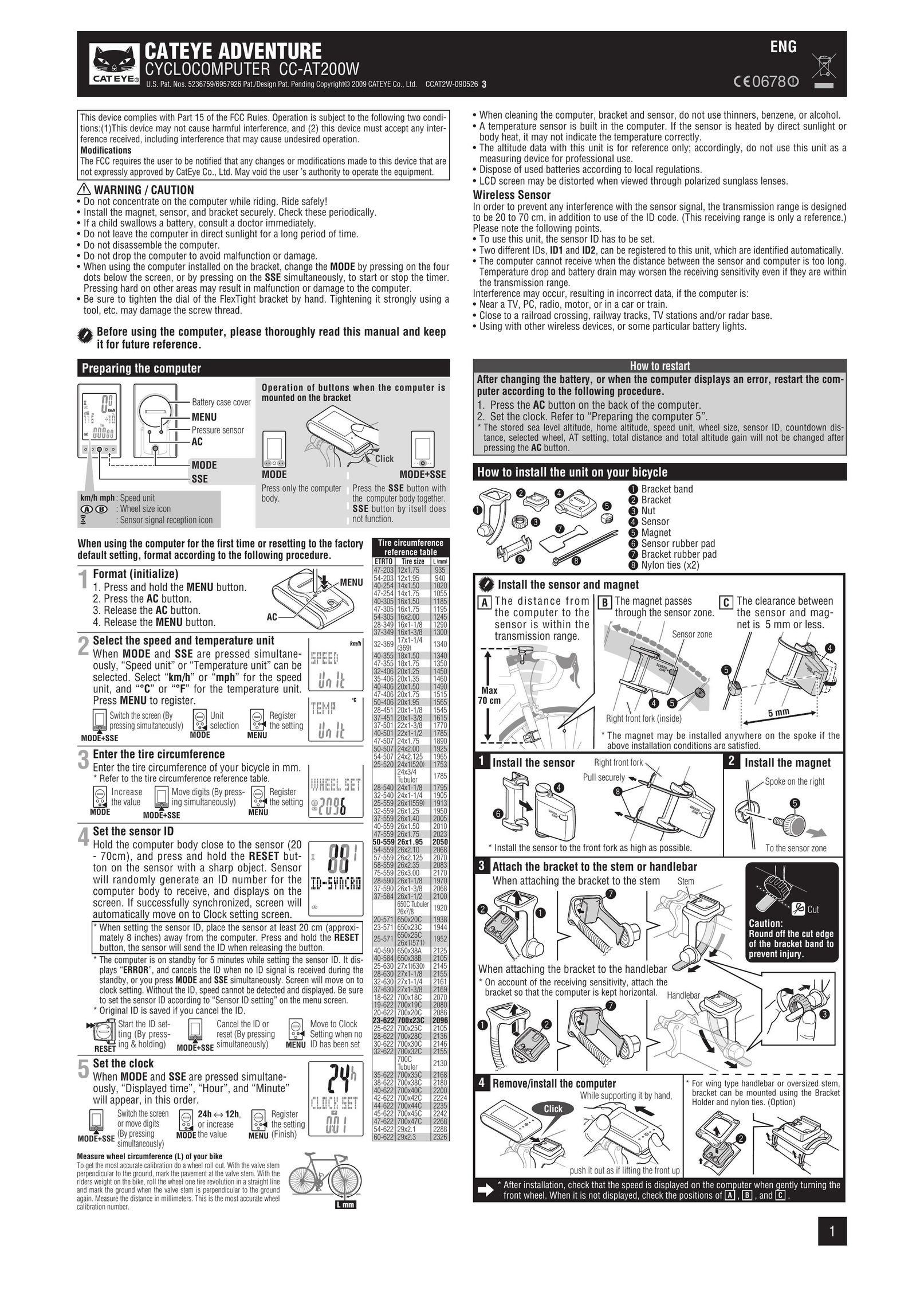 Cateye CC-AT200W Bicycle Accessories User Manual