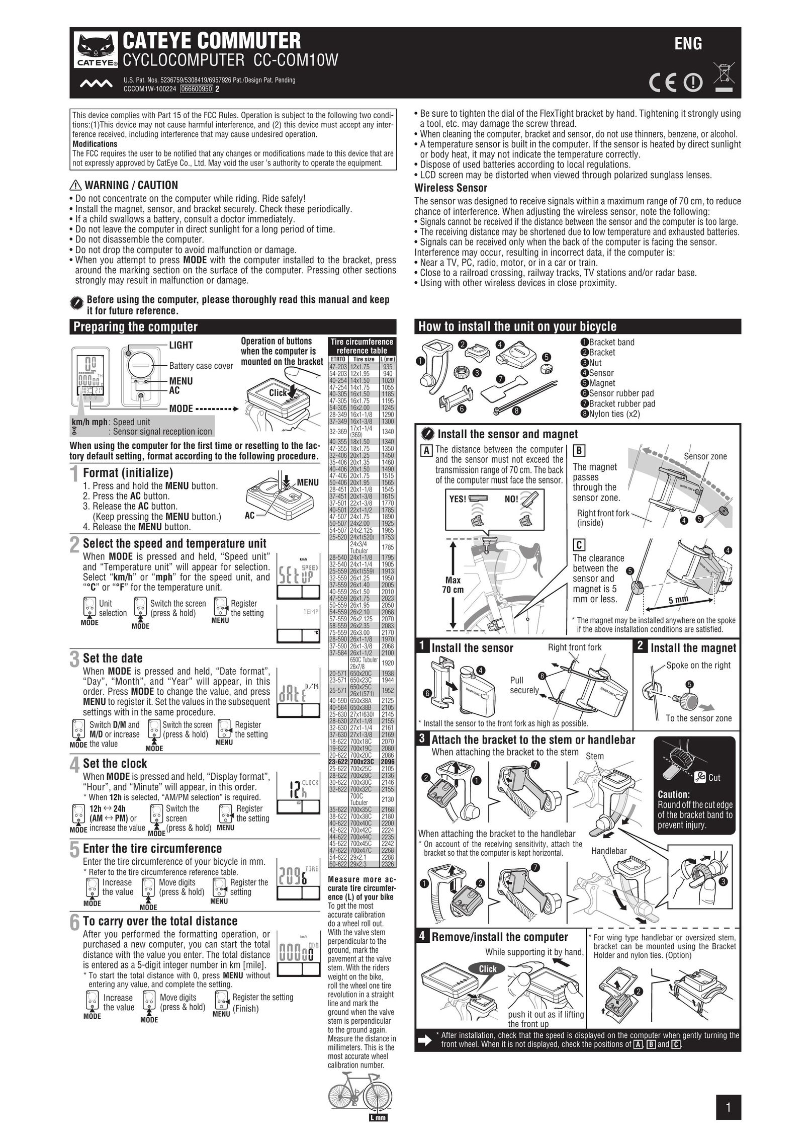 Cateye CC-COM10W Bicycle Accessories User Manual