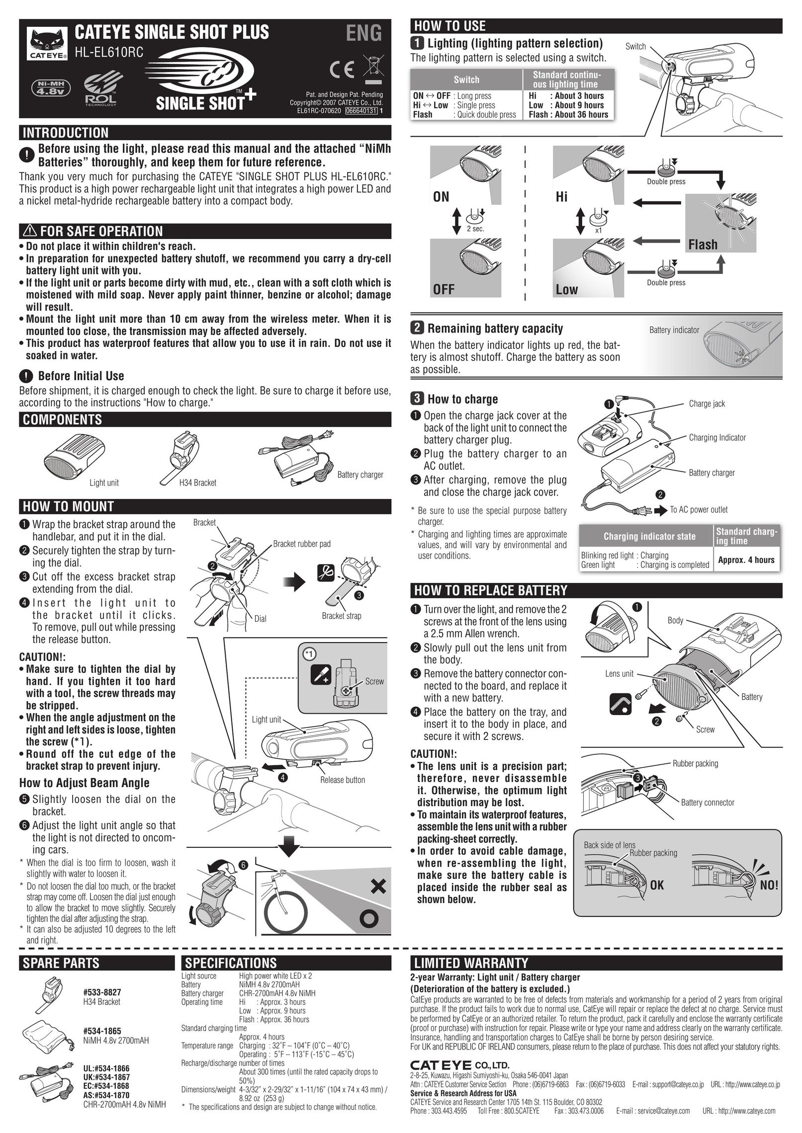Cateye HL-EL610RC Bicycle Accessories User Manual