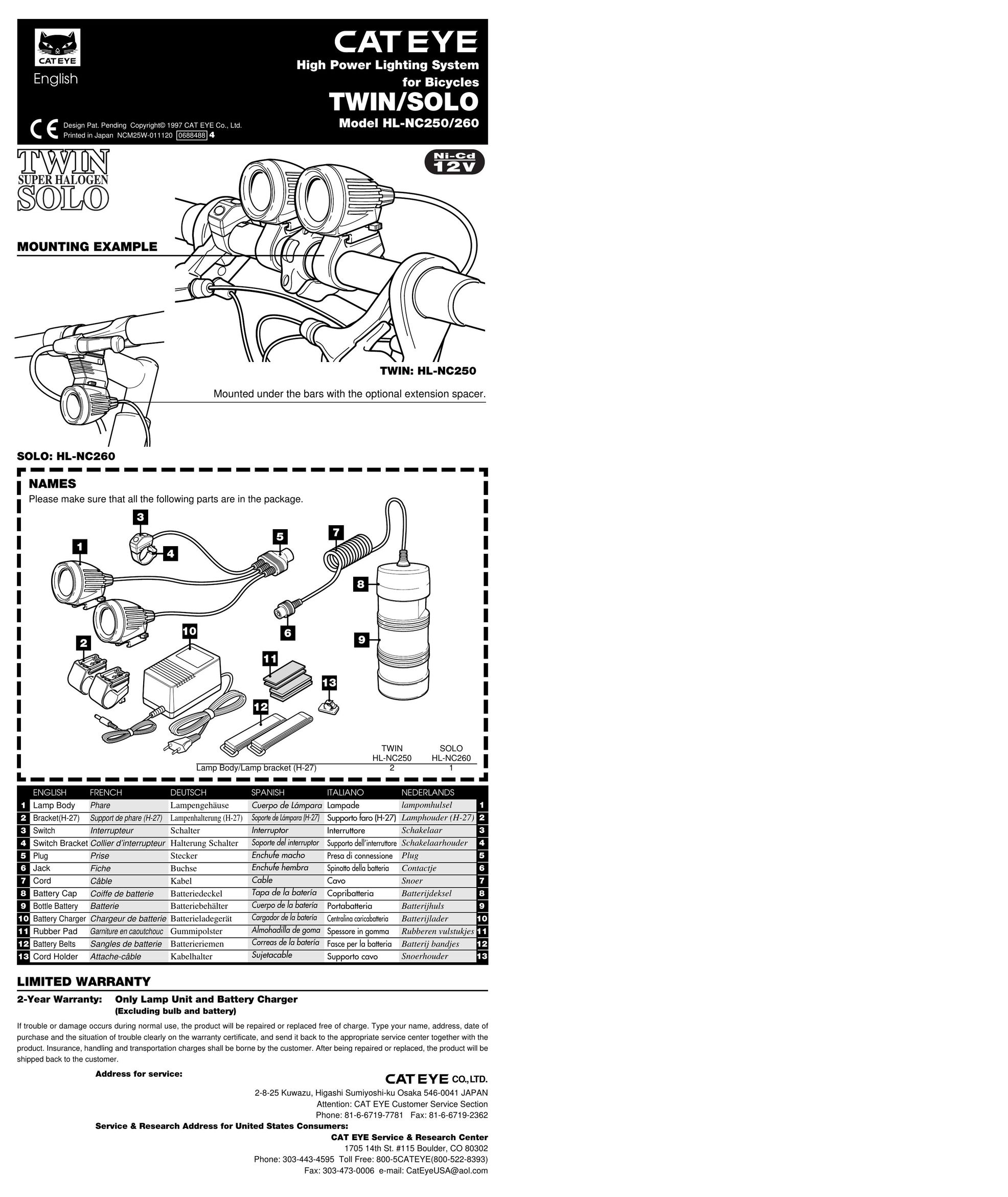 Cateye HL-NC250 Bicycle Accessories User Manual